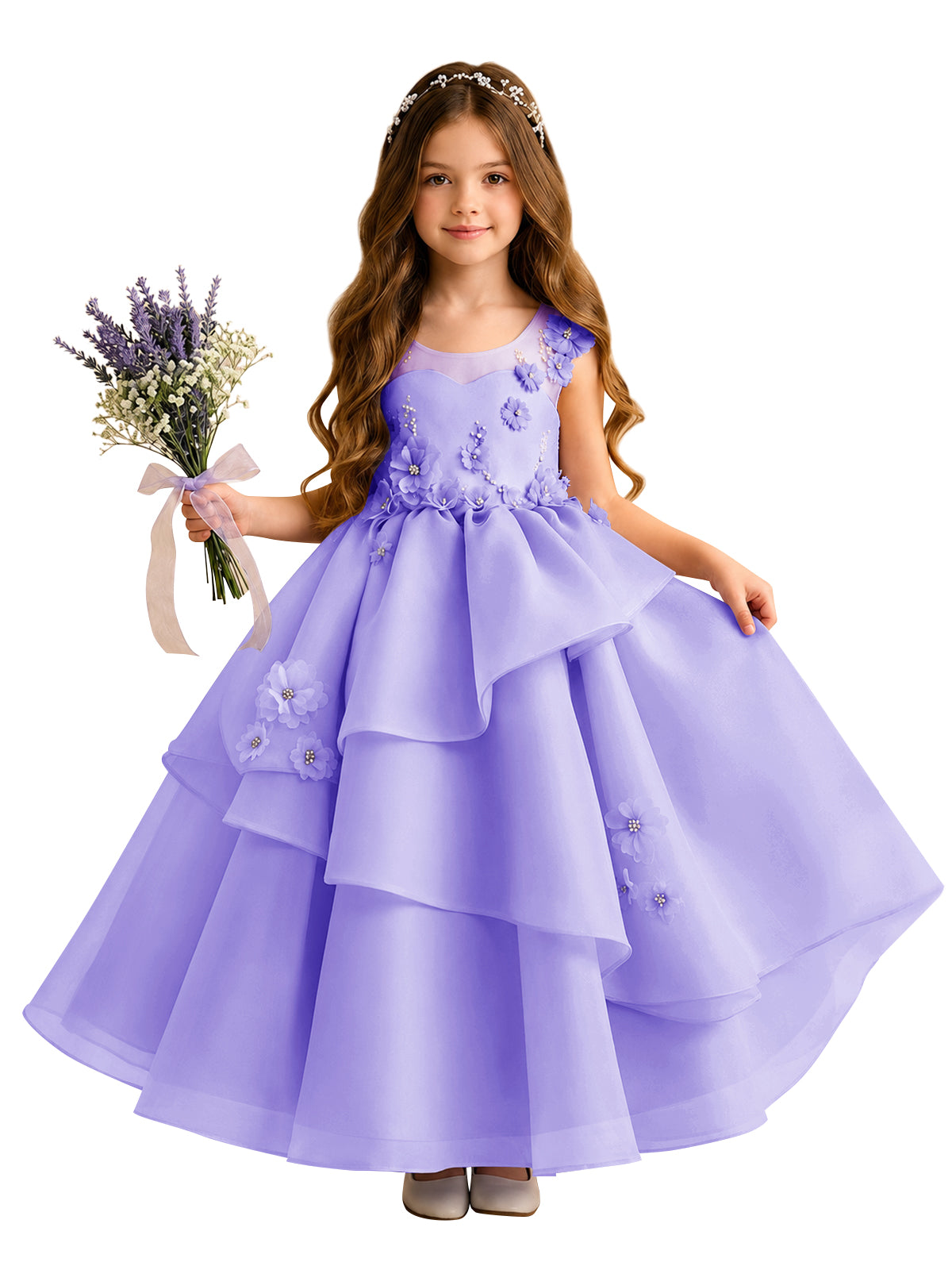 Lilac Oganza Flower Girl Dress with Sweetheart Neckline