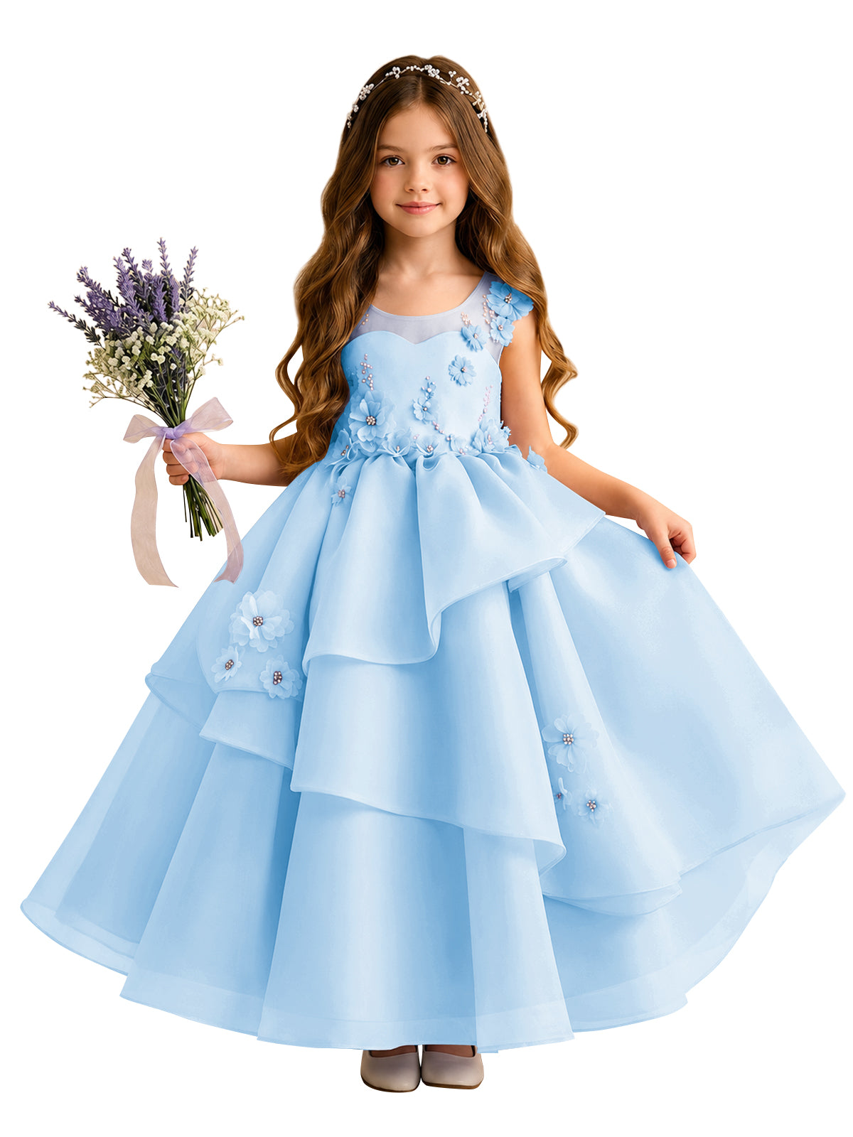 Lilac Oganza Flower Girl Dress with Sweetheart Neckline