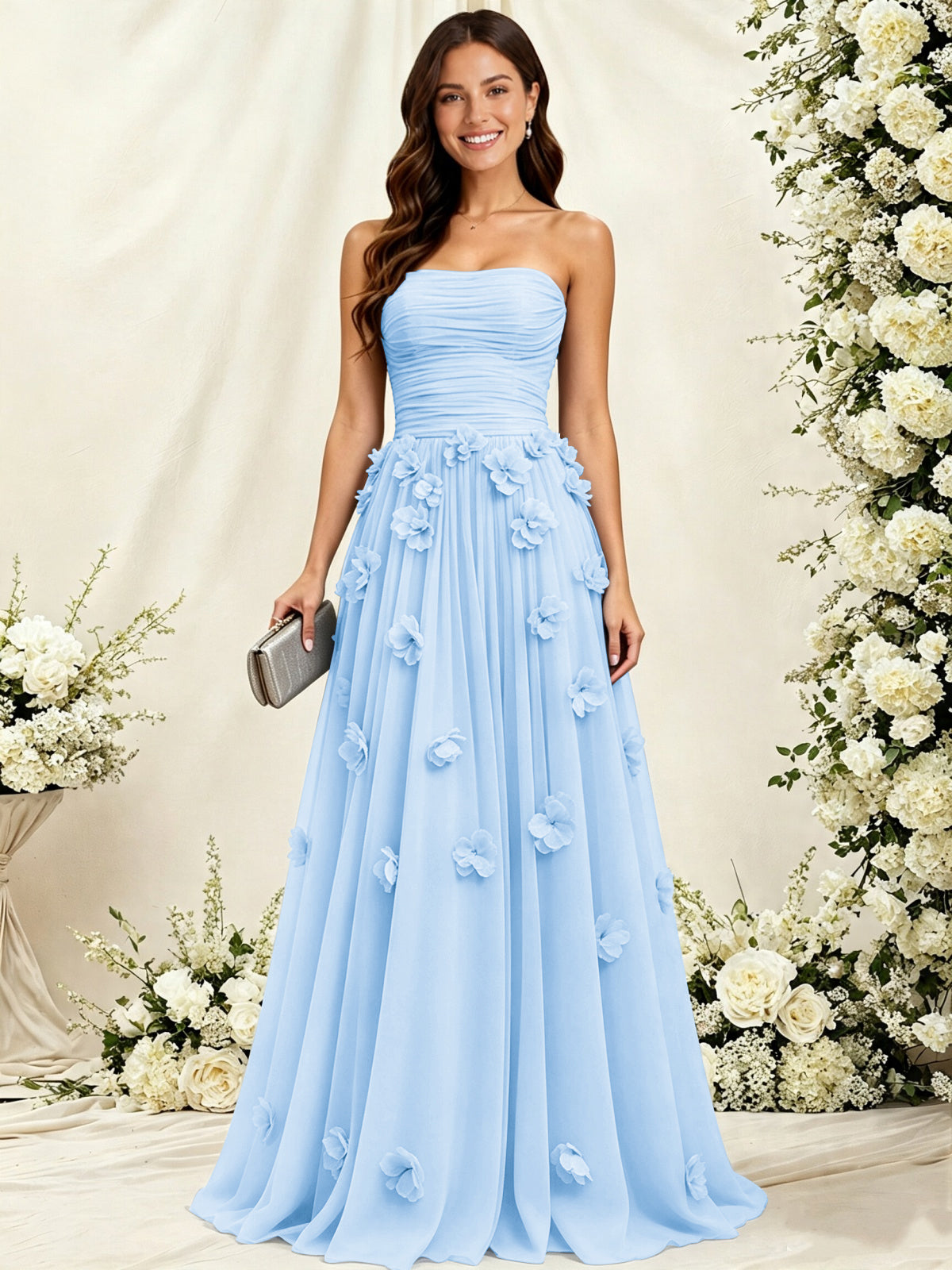 A-Line Strapless Pleated Tulle Bridesmaid Dress with 3D Floral Appliques
