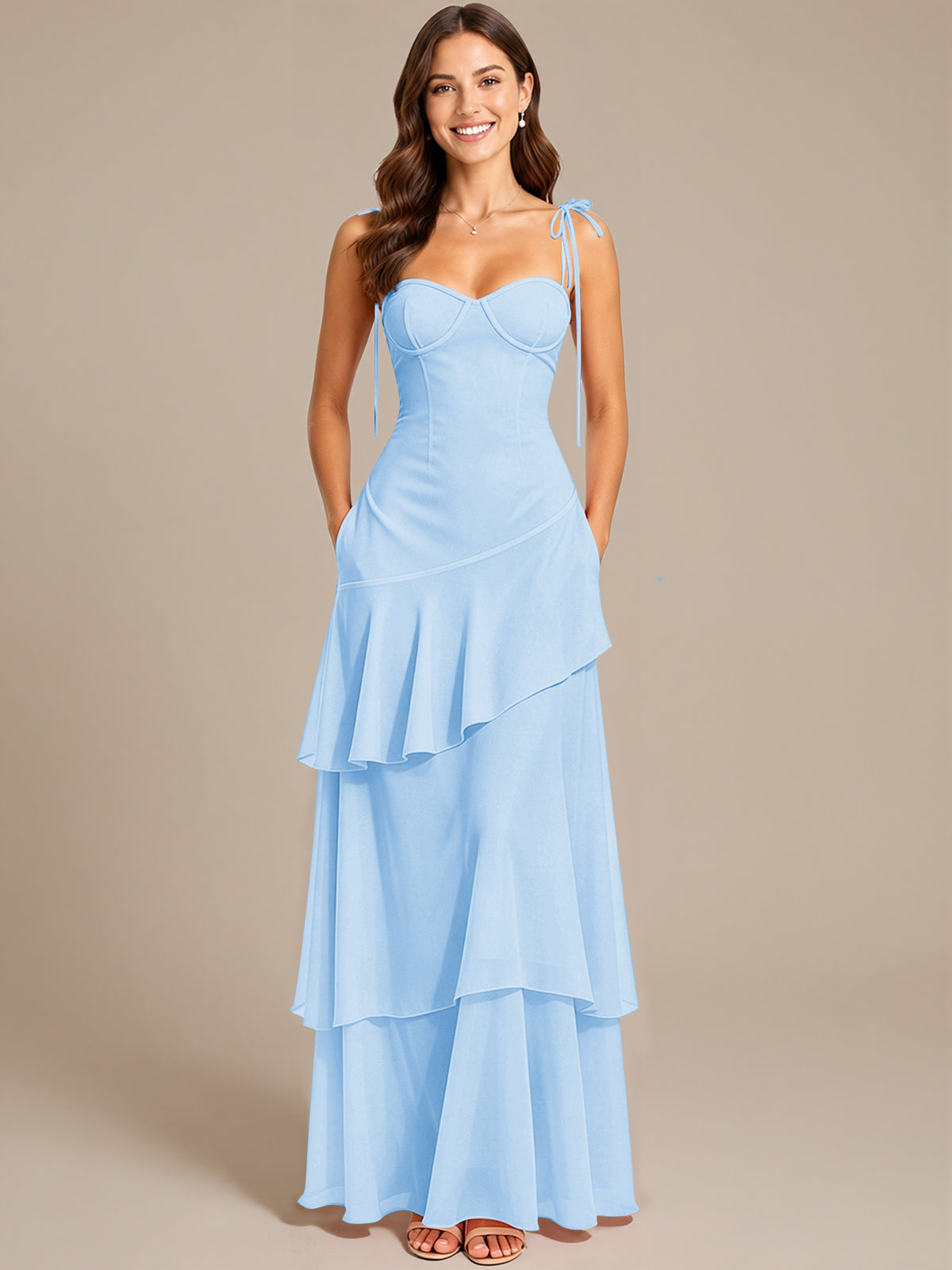 Spaghetti Strap Tiered Ruffles Chiffon Prom Dress