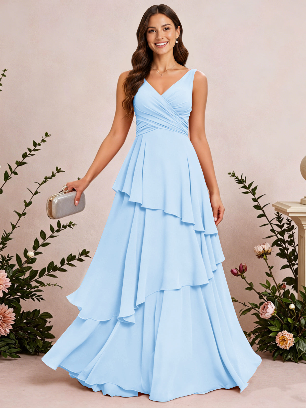 V Neck Tiered Ruffles Chiffon Long Bridesmaid Dress