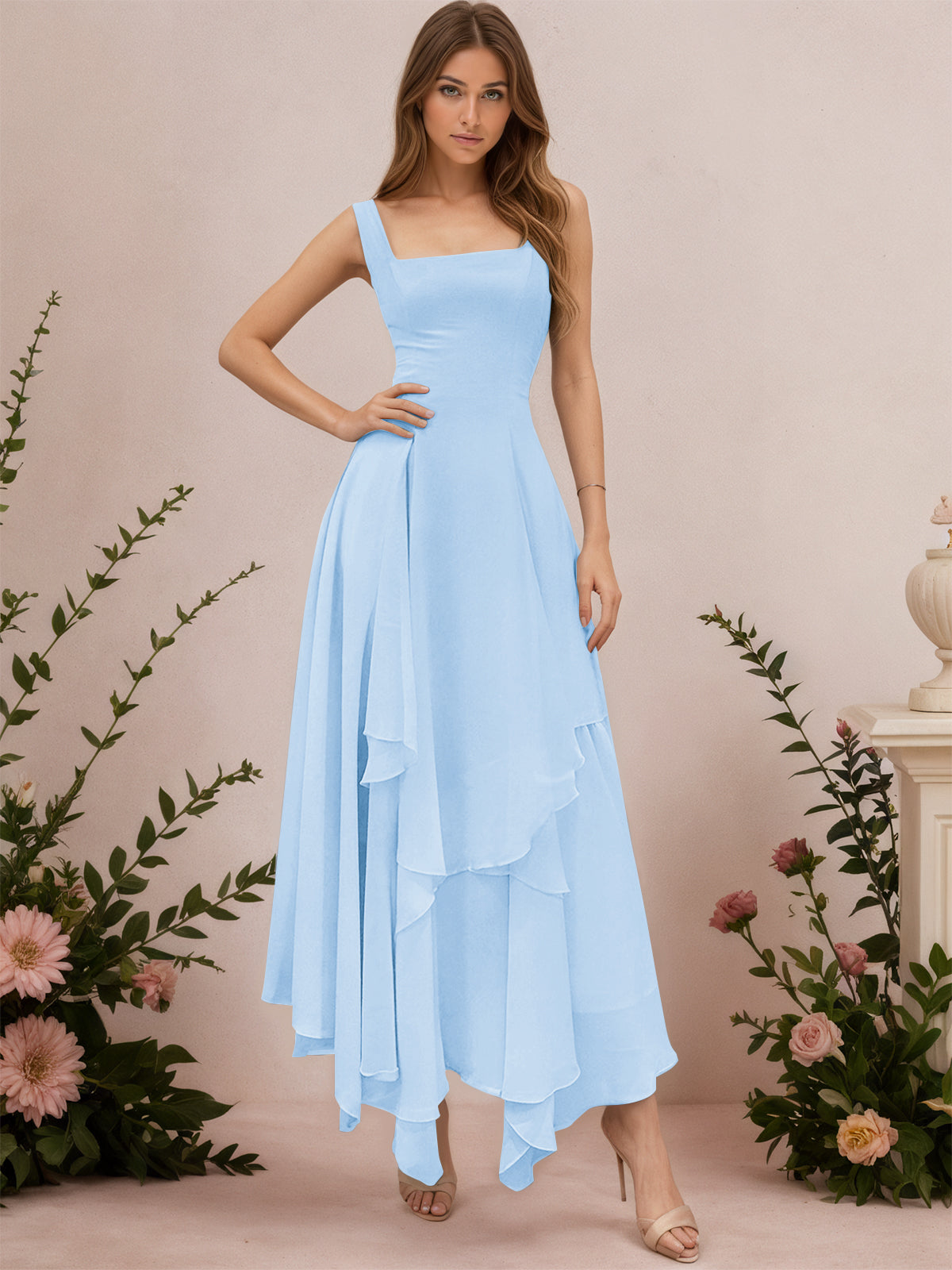 A-Line Tiered Ruffles Chiffon Bridesmaid Dress