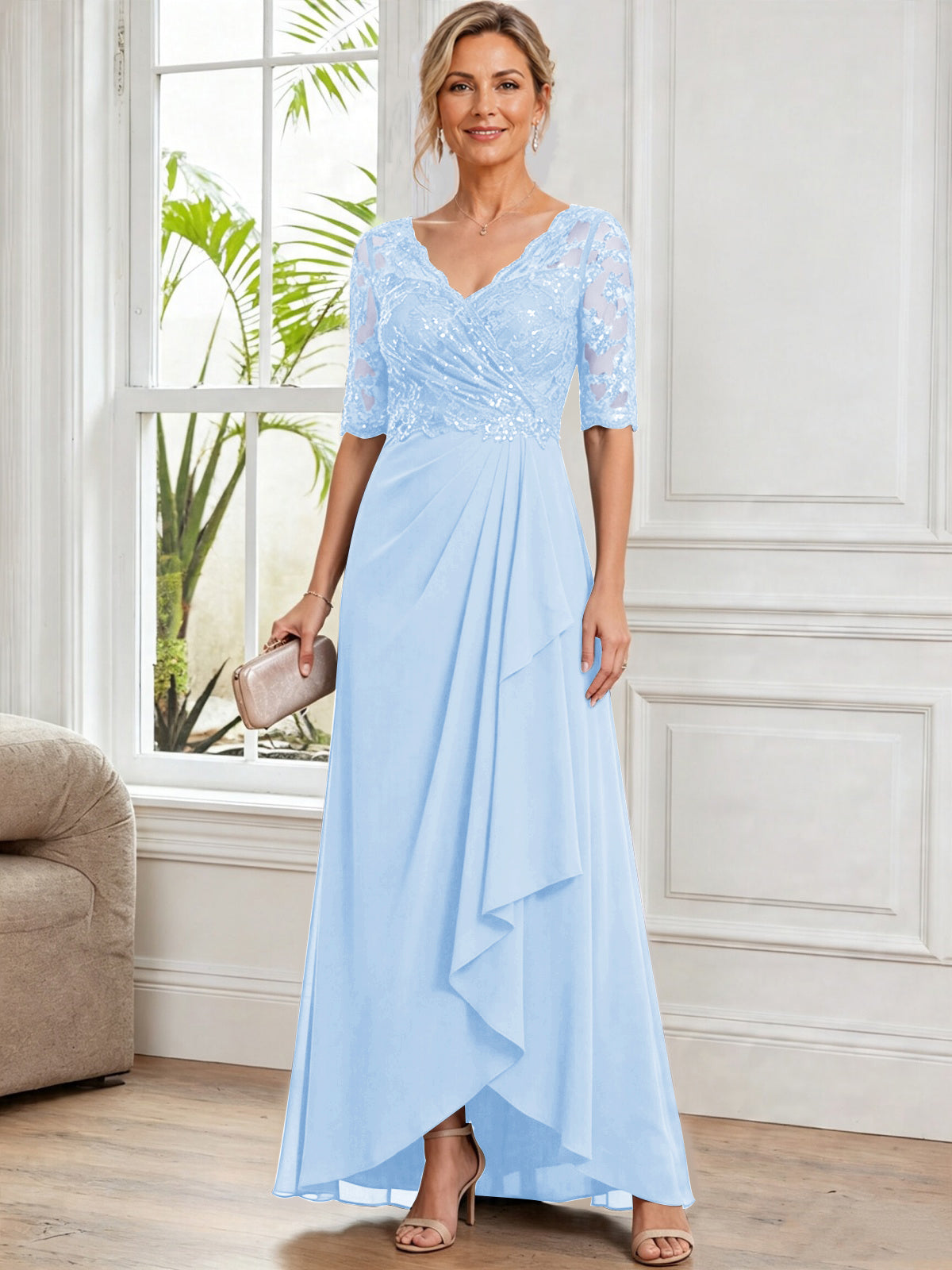 V Neck Half Sleeve Lace Applique Chiffon Mother of The Bride Dress