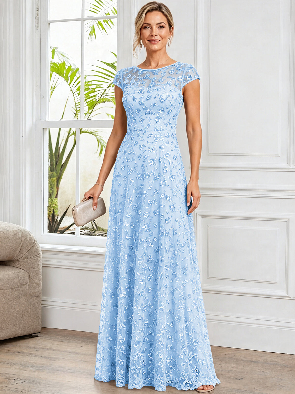 A-Line Illusion Scoop Neck Tulle Mother of The Bride Dress with Beads