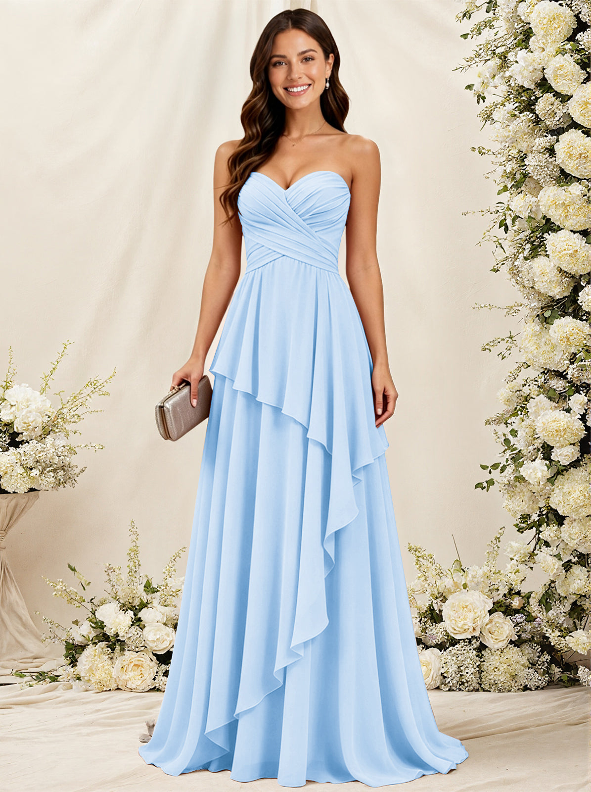 Strapless Sweetheart Neck Chiffon Bridesmaid Dress with Tiered Ruffles