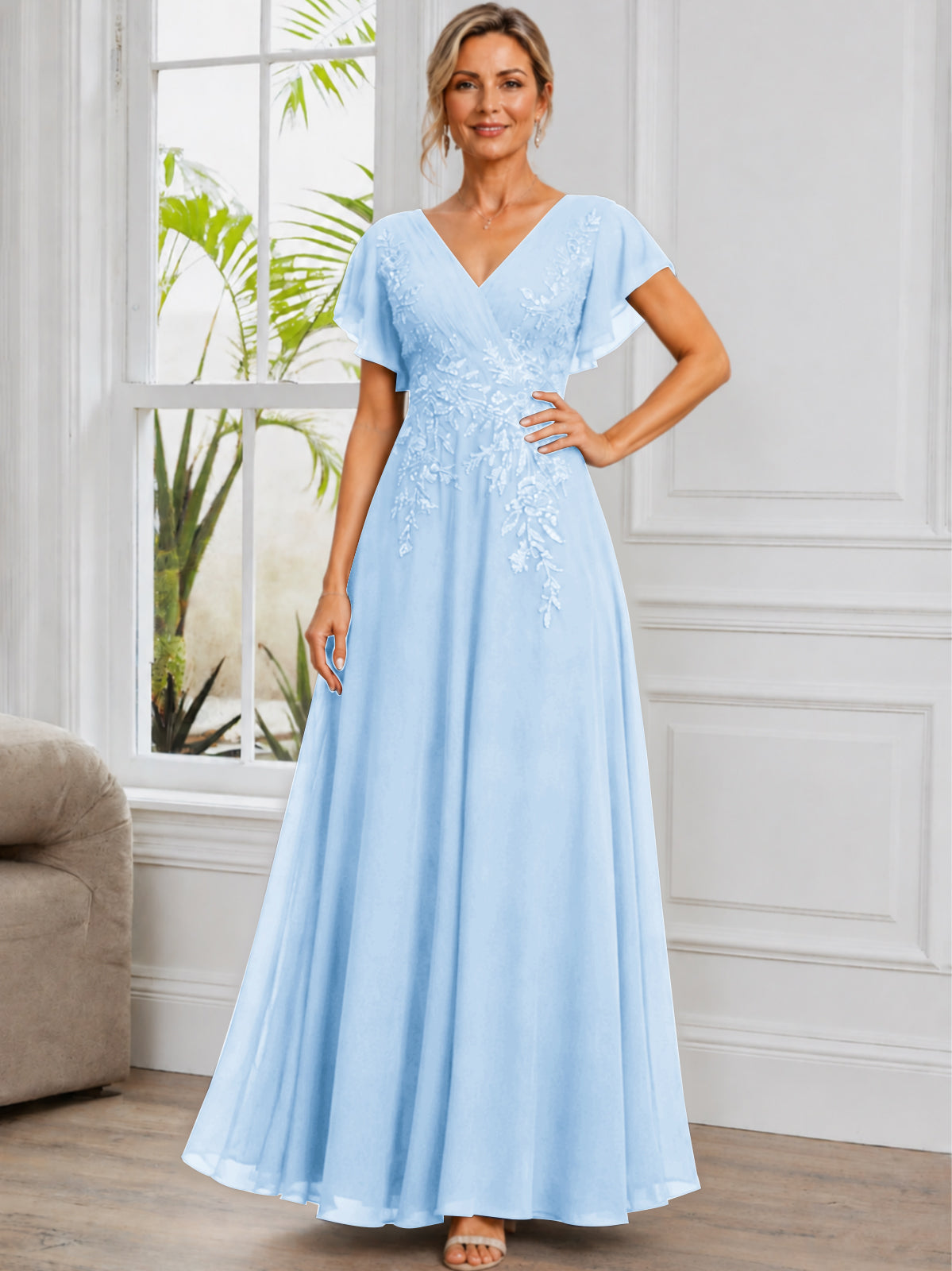 V-Neck Lace Applique Chiffon Long Mother of The Bride Dress