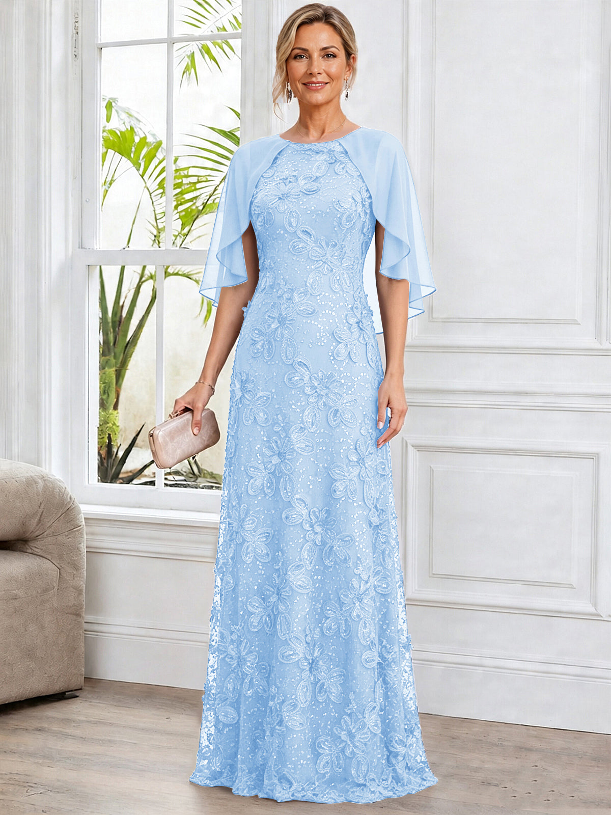 A-Line Lace Applique Scoop Neck Mother of The Bride Dress with Cape