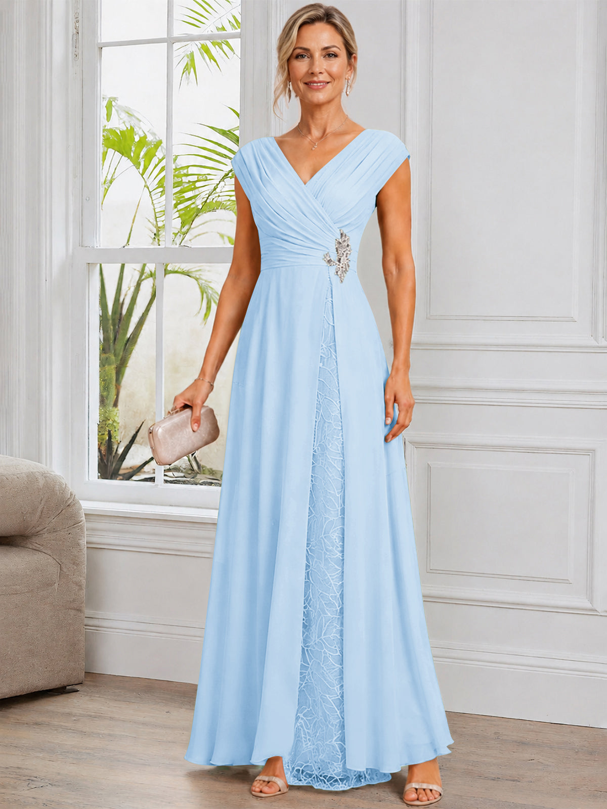 Cap Sleeve Leaf Lace Chiffon Long Mother of The Bride Dress with Beads