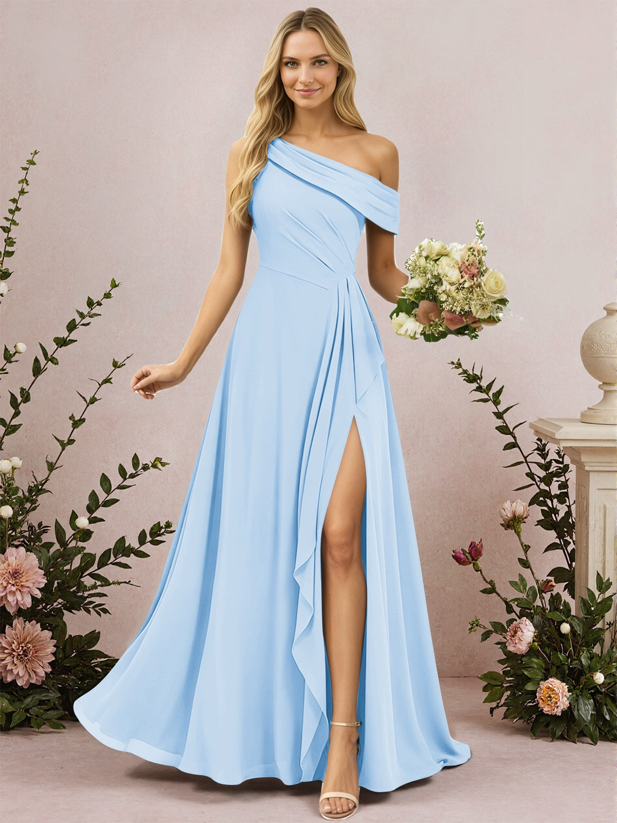 One Shoulder A-Line Chiffon Bridesmaid Dress with Slit
