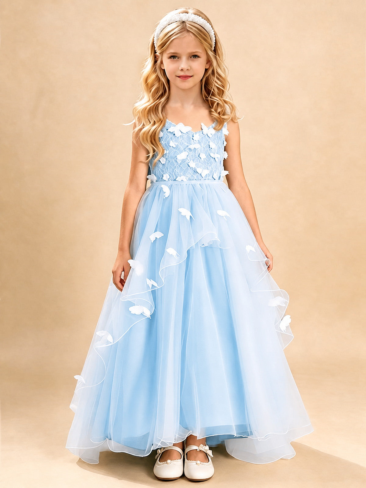 Dusty Sage 3D Floral A-Line Tulle Dress with Lace Trim