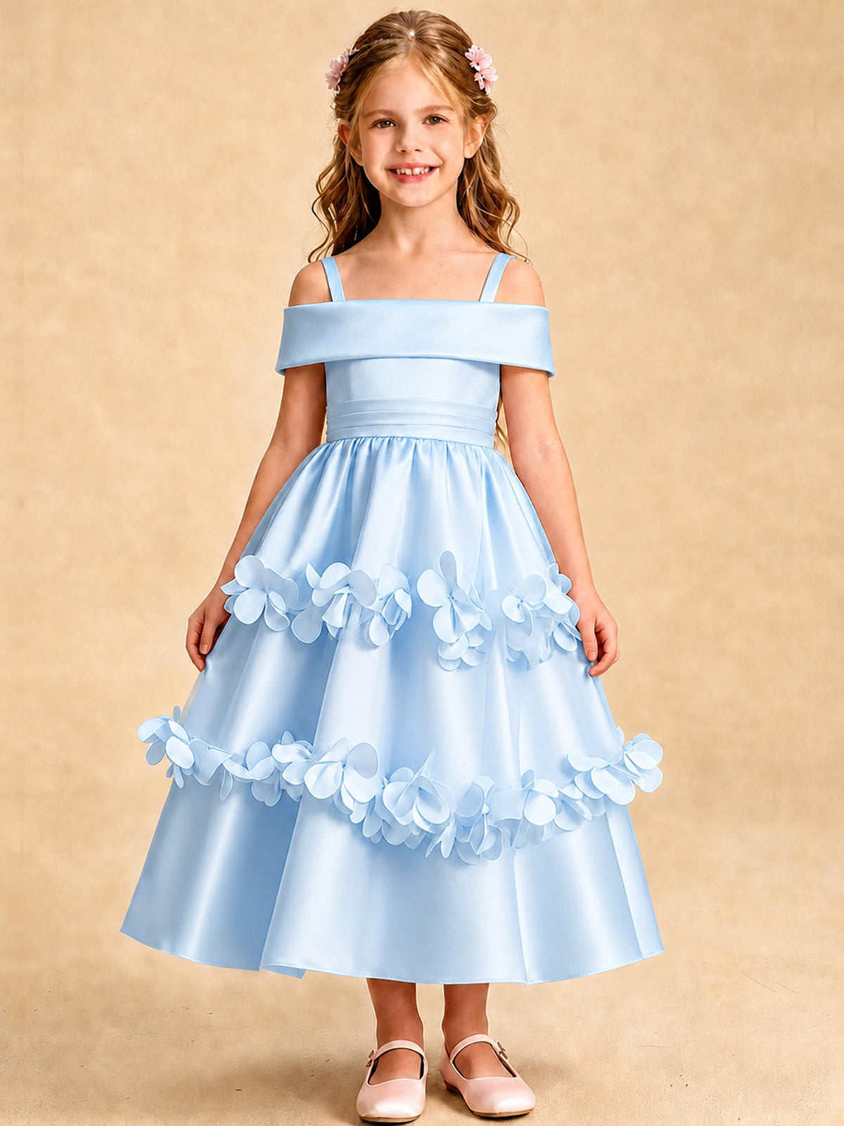 Blush Pink 3D Floral Satin Off Shoulder Flower Girl Dress