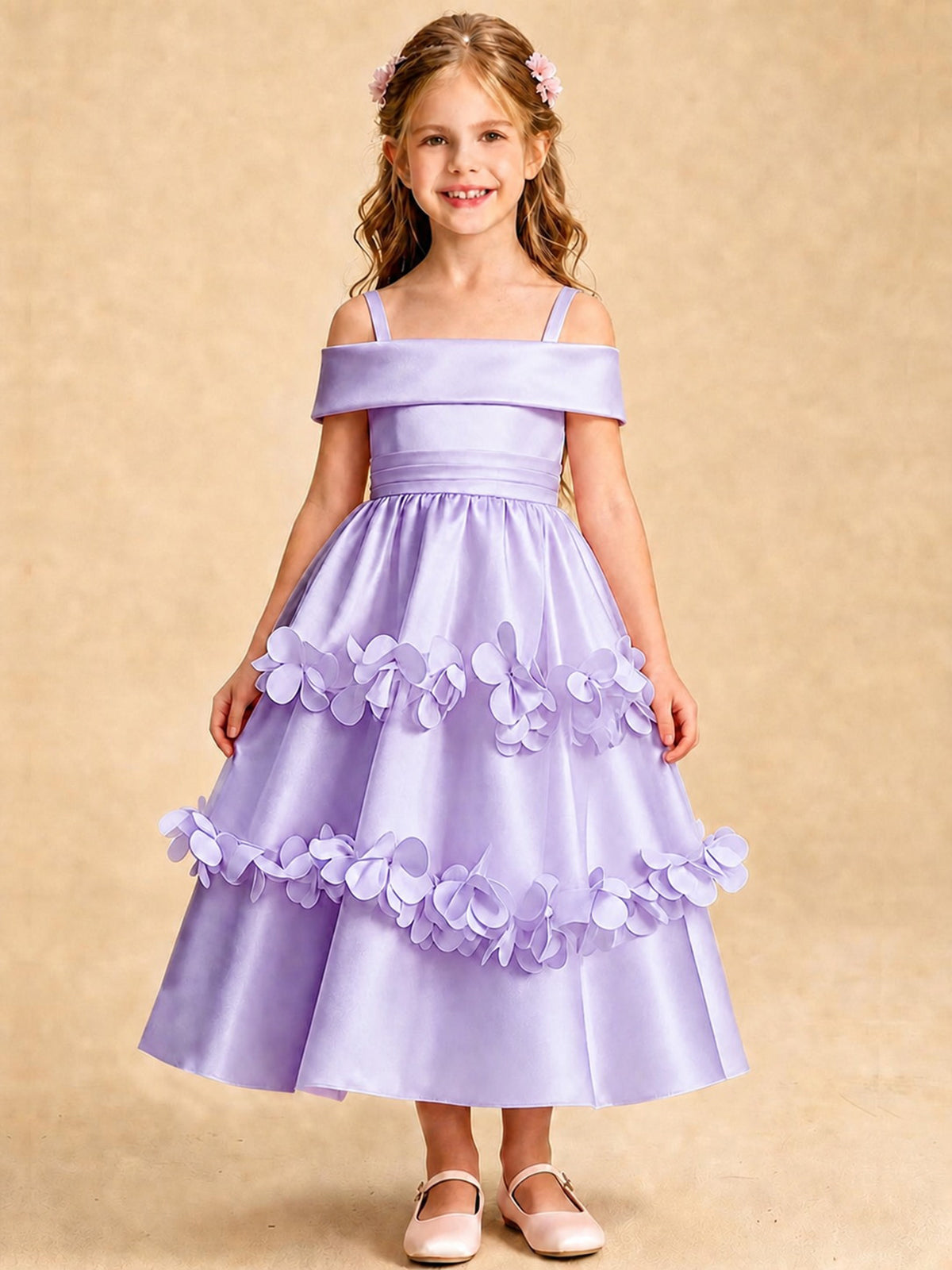 Blush Pink 3D Floral Satin Off Shoulder Flower Girl Dress