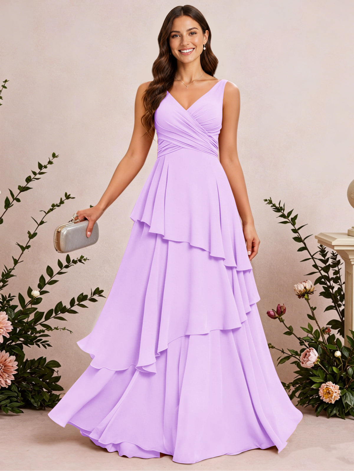 V Neck Tiered Ruffles Chiffon Long Bridesmaid Dress