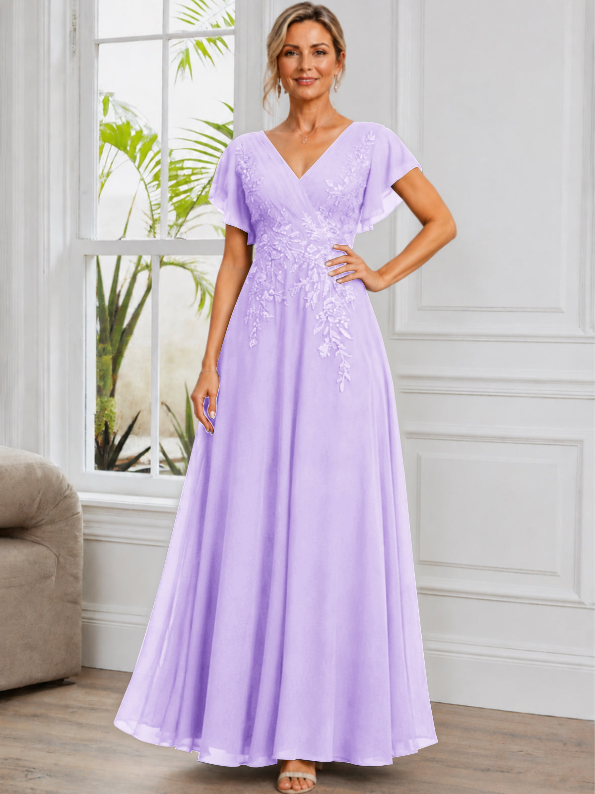 V-Neck Lace Applique Chiffon Long Mother of The Bride Dress