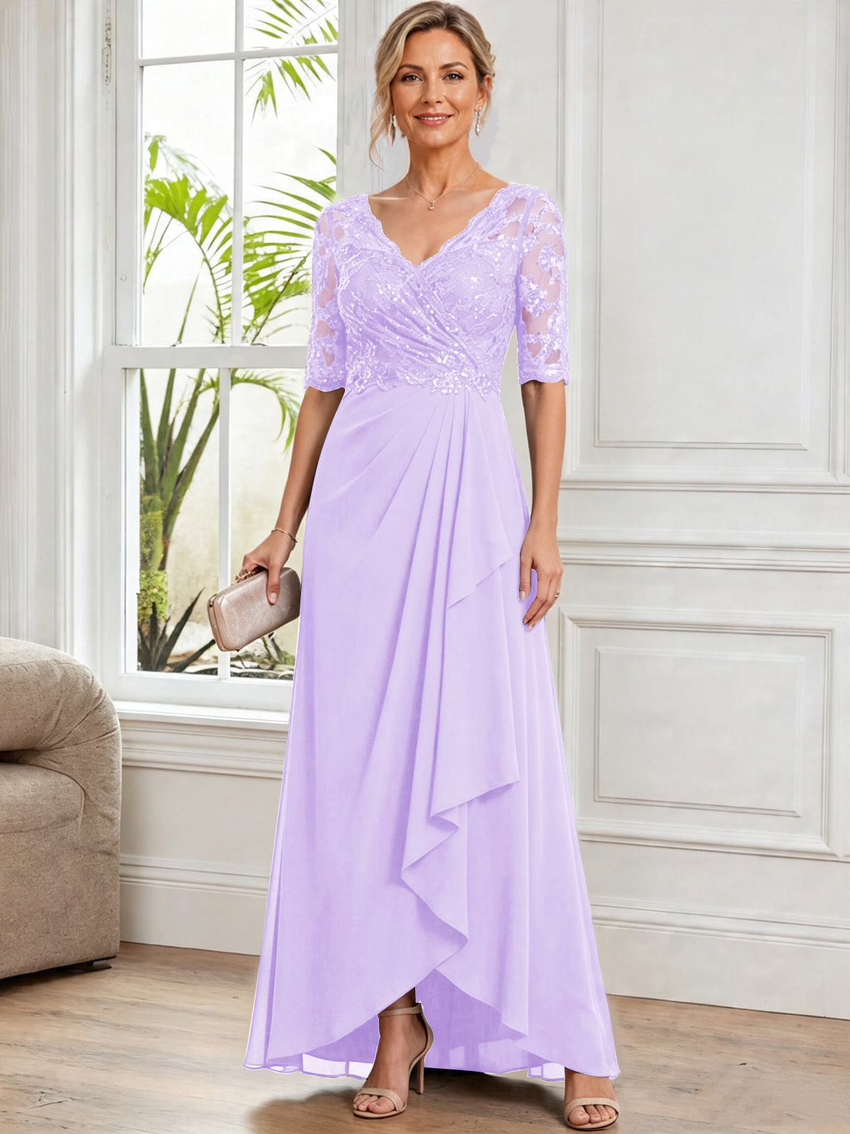 V Neck Half Sleeve Lace Applique Chiffon Mother of The Bride Dress