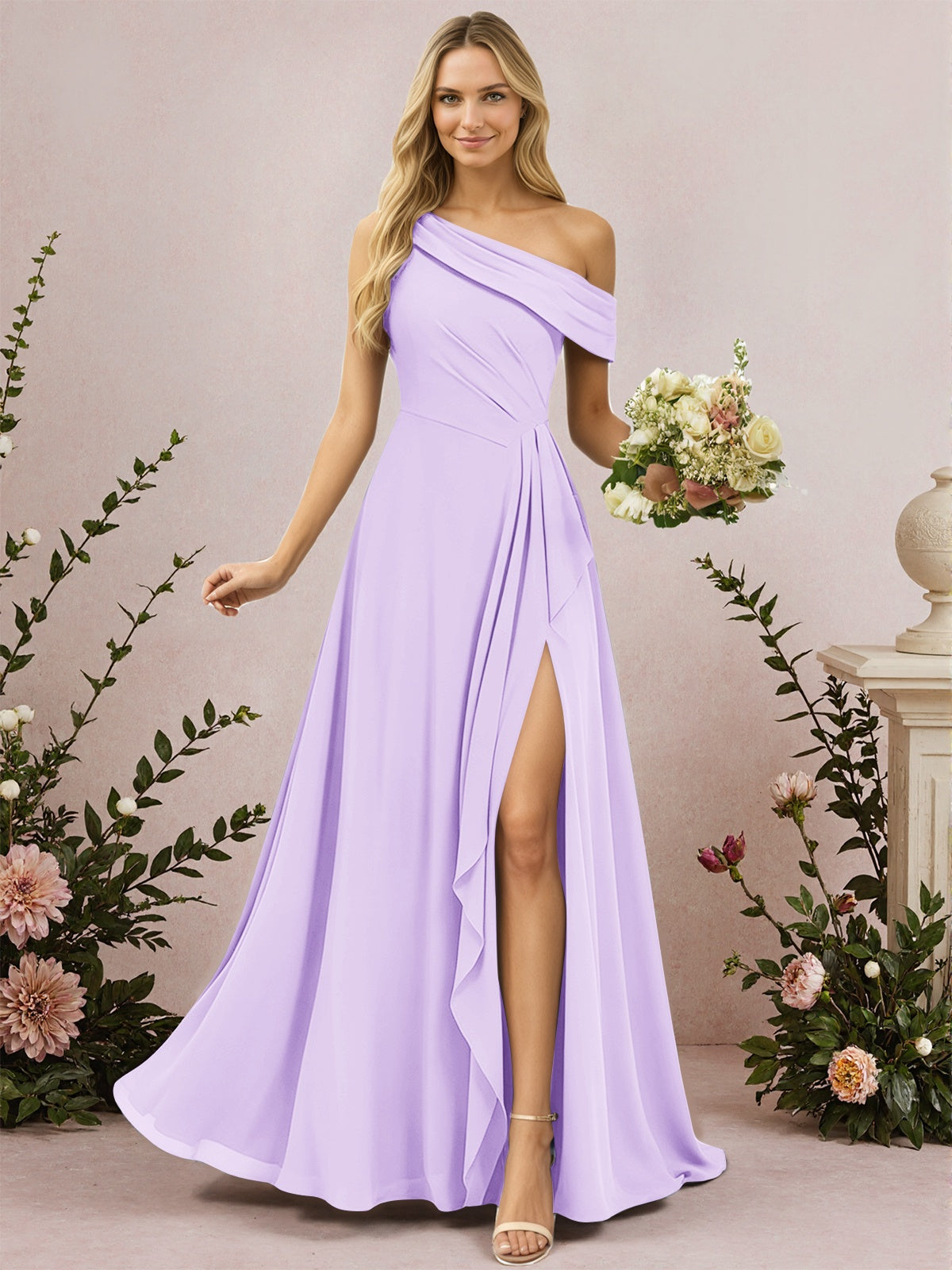 One Shoulder A-Line Chiffon Bridesmaid Dress with Slit