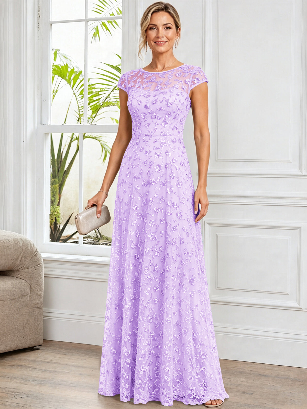 A-Line Illusion Scoop Neck Tulle Mother of The Bride Dress with Beads