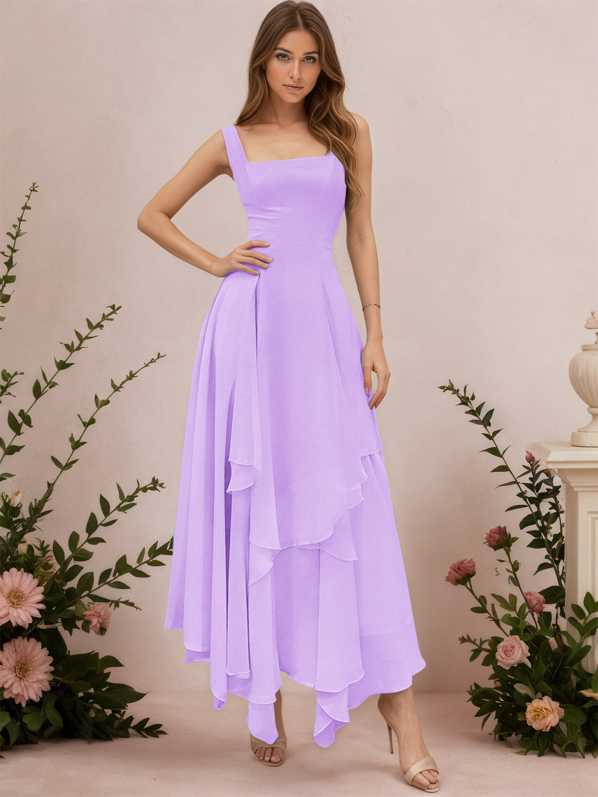 A-Line Tiered Ruffles Chiffon Bridesmaid Dress