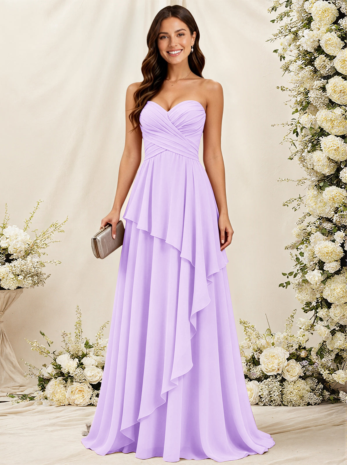 Strapless Sweetheart Neck Chiffon Bridesmaid Dress with Tiered Ruffles