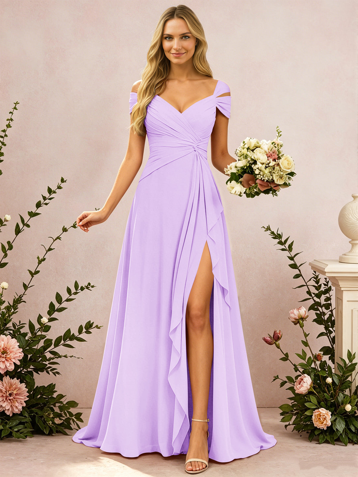 Cold Shoulder Pleated Chiffon Bridesmaid Dress with Side Slit
