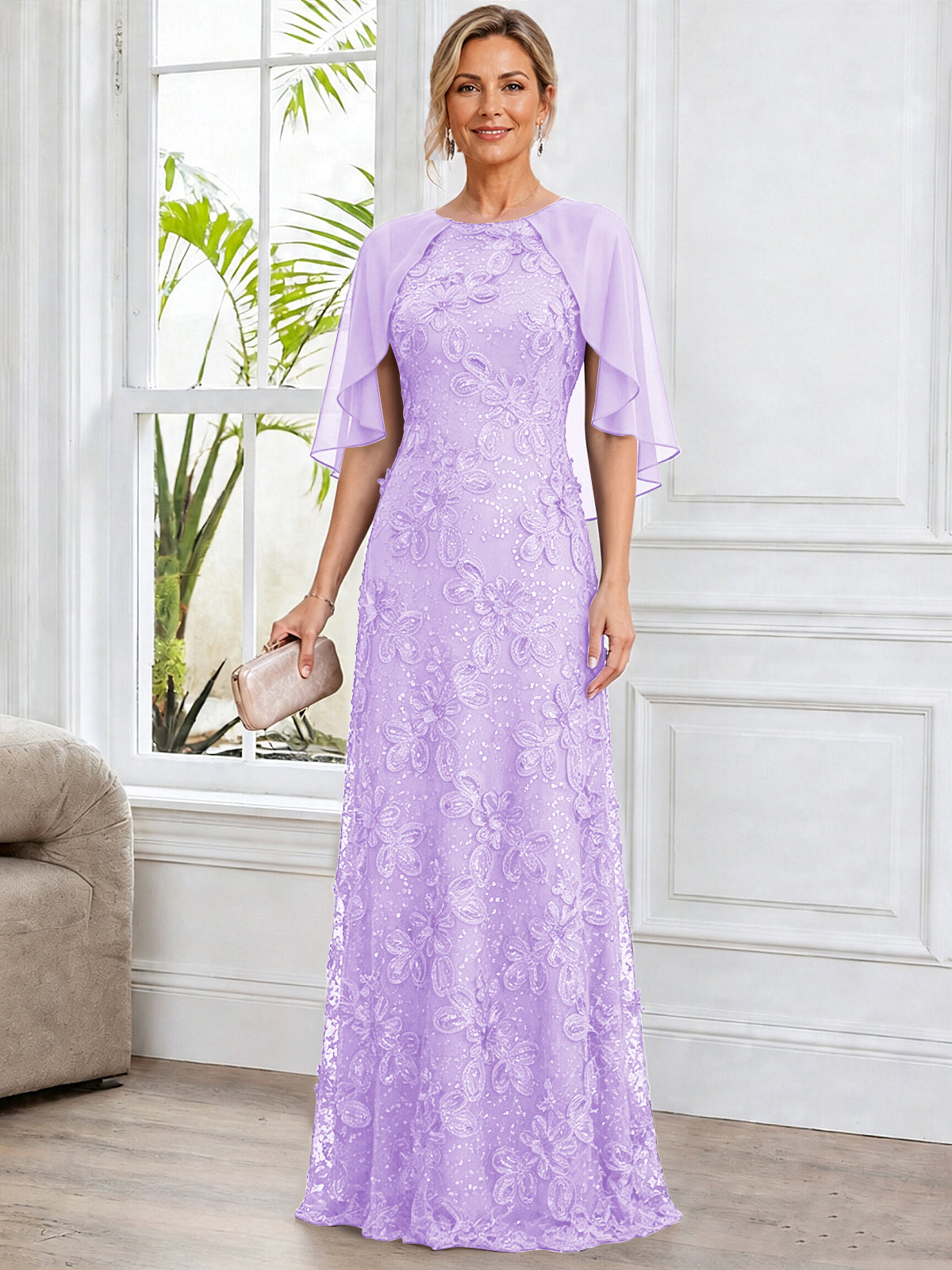 A-Line Lace Applique Scoop Neck Mother of The Bride Dress with Cape