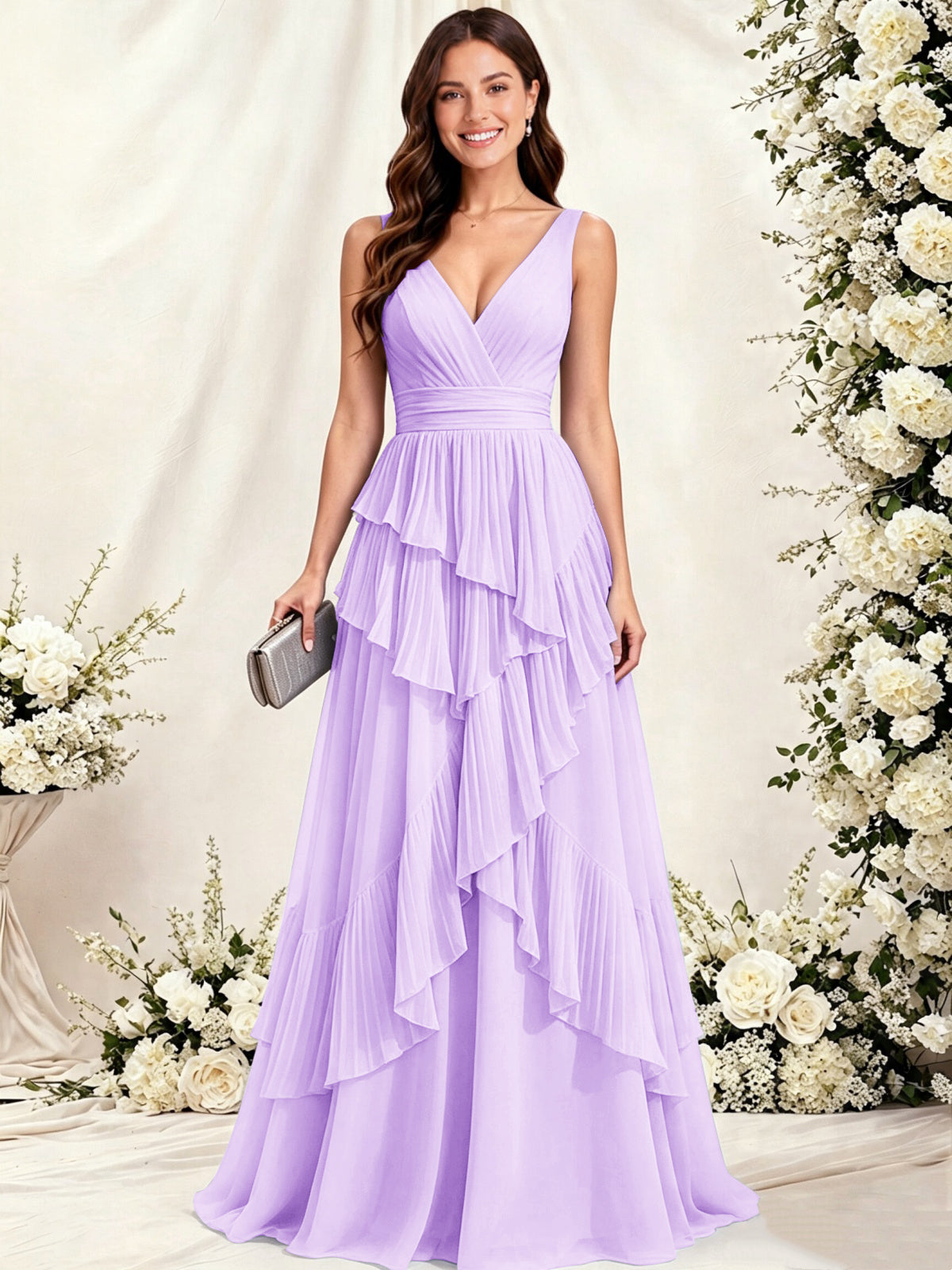 V Neck Tiered Ruffles A-Line Chiffon Bridesmaid Dress
