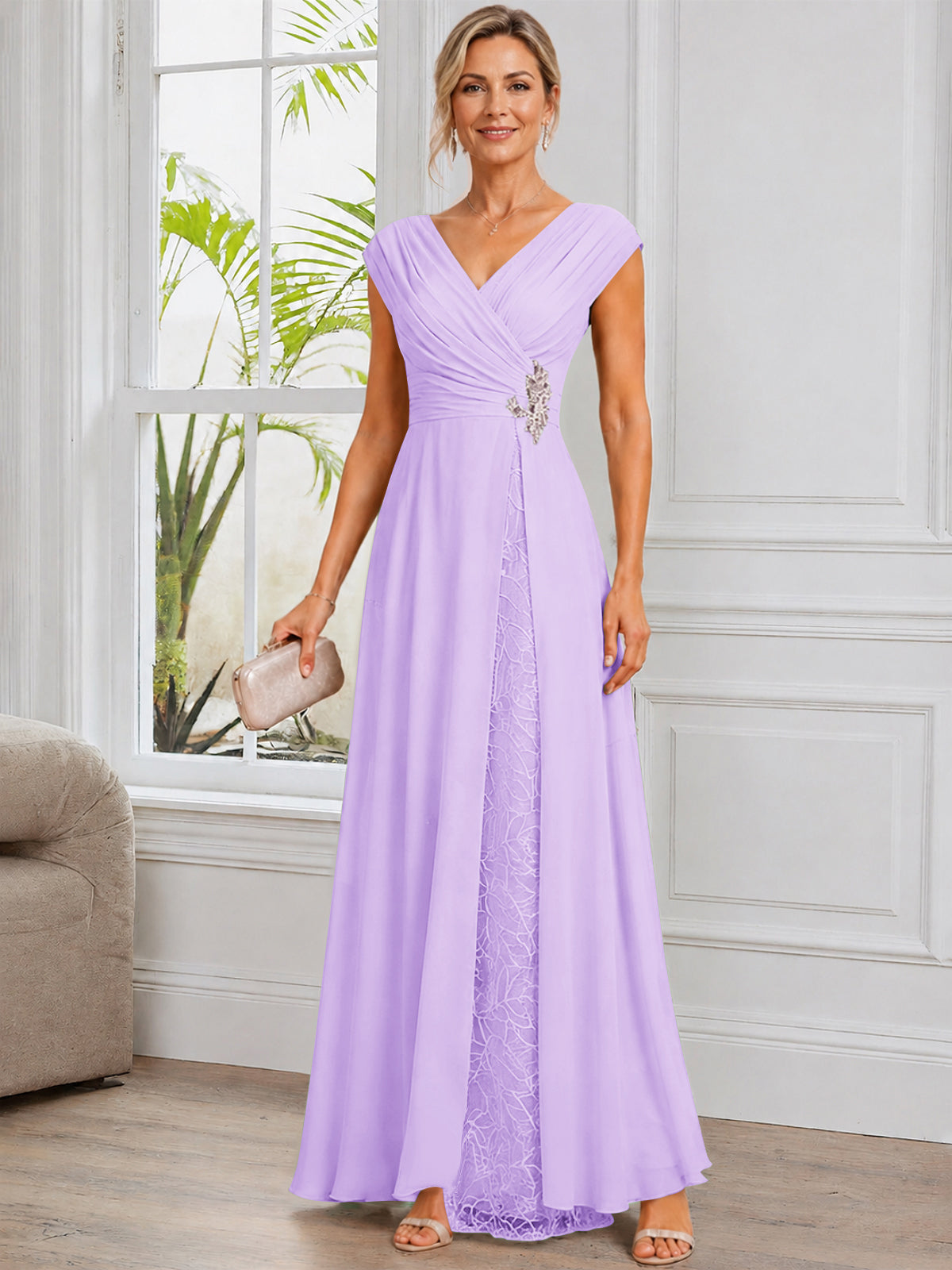Cap Sleeve Leaf Lace Chiffon Long Mother of The Bride Dress with Beads