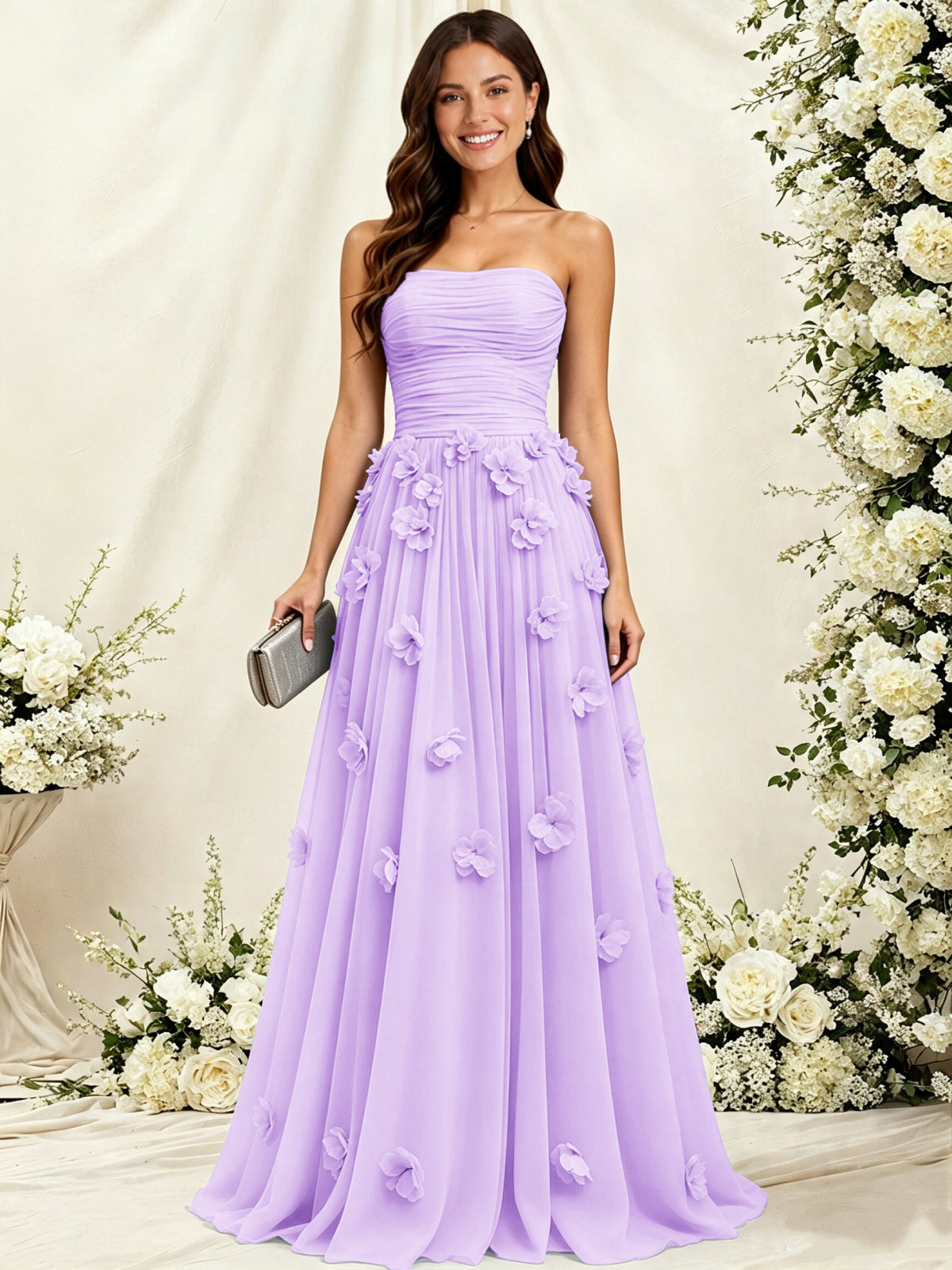 A-Line Strapless Pleated Tulle Bridesmaid Dress with 3D Floral Appliques