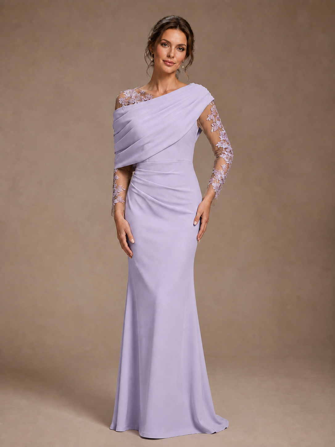 Dusty Rose Illusion Long Sleeve Chiffon Applique Mother of The Bride Dress