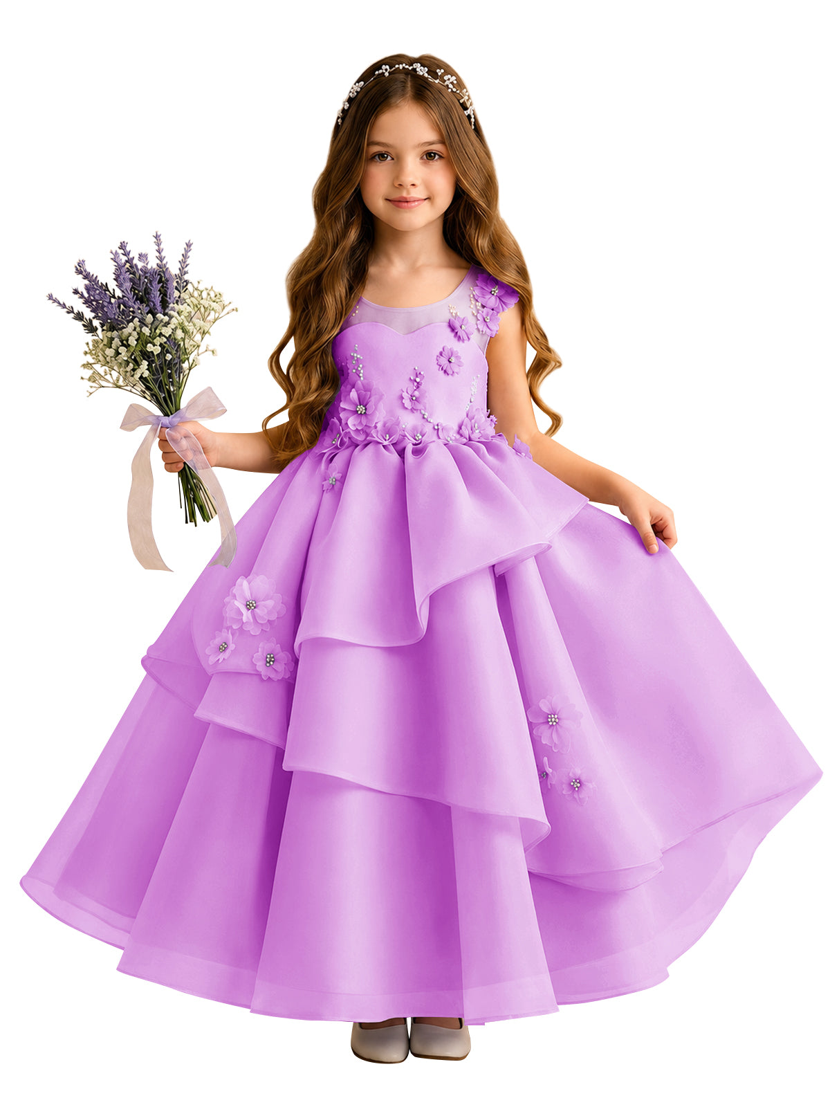 Lilac Oganza Flower Girl Dress with Sweetheart Neckline
