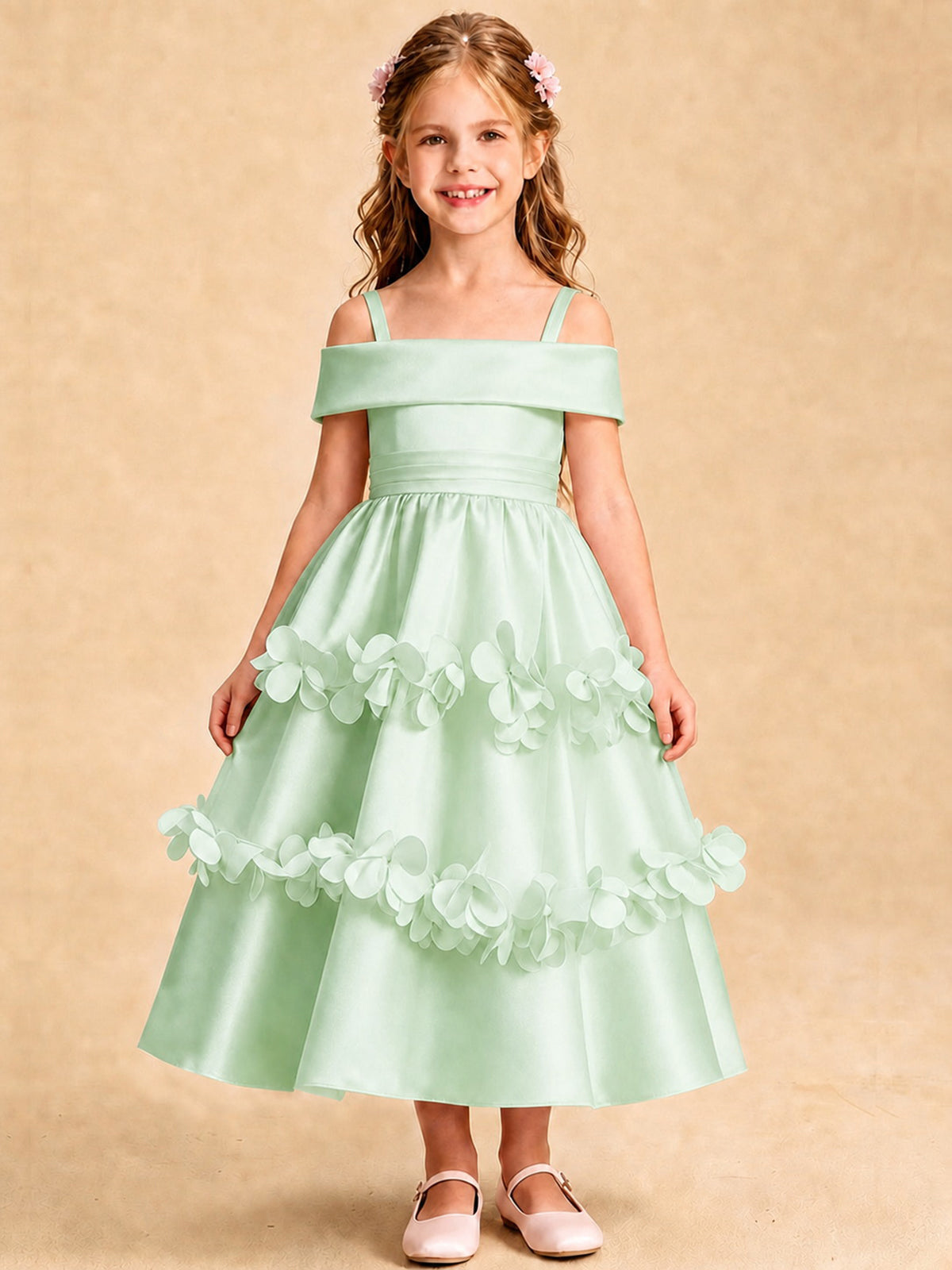Blush Pink 3D Floral Satin Off Shoulder Flower Girl Dress