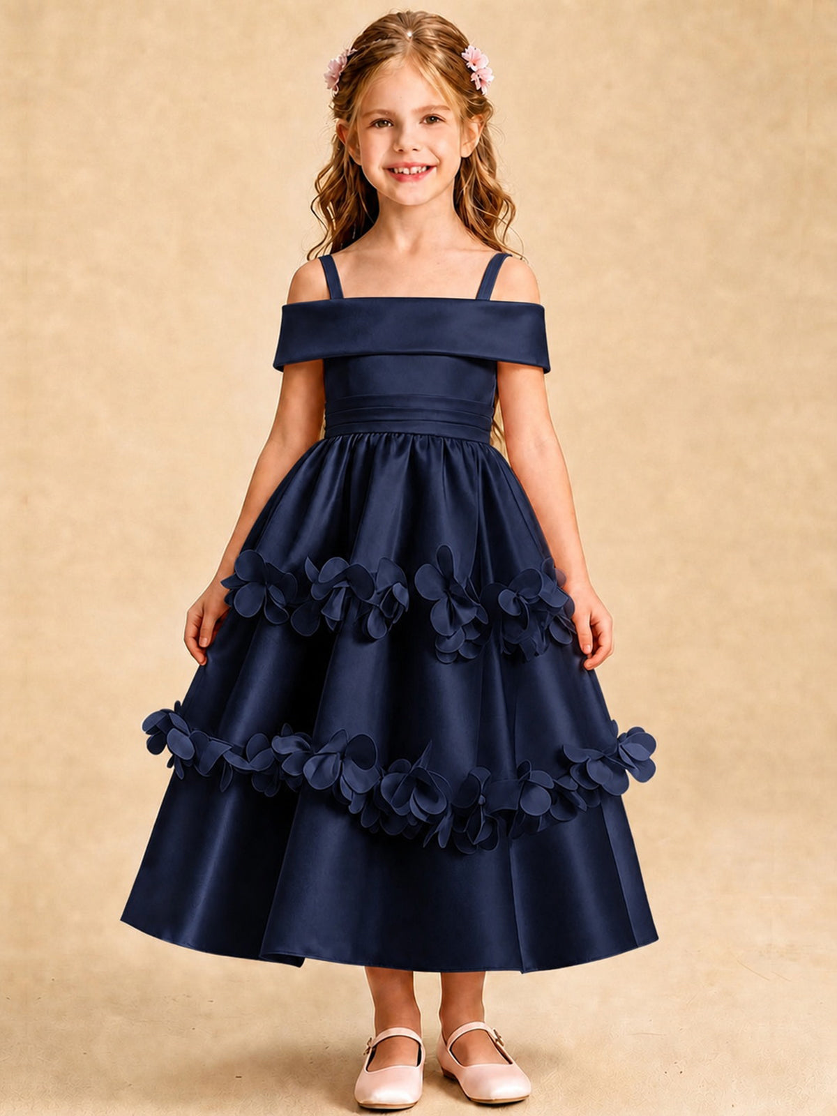 Blush Pink 3D Floral Satin Off Shoulder Flower Girl Dress