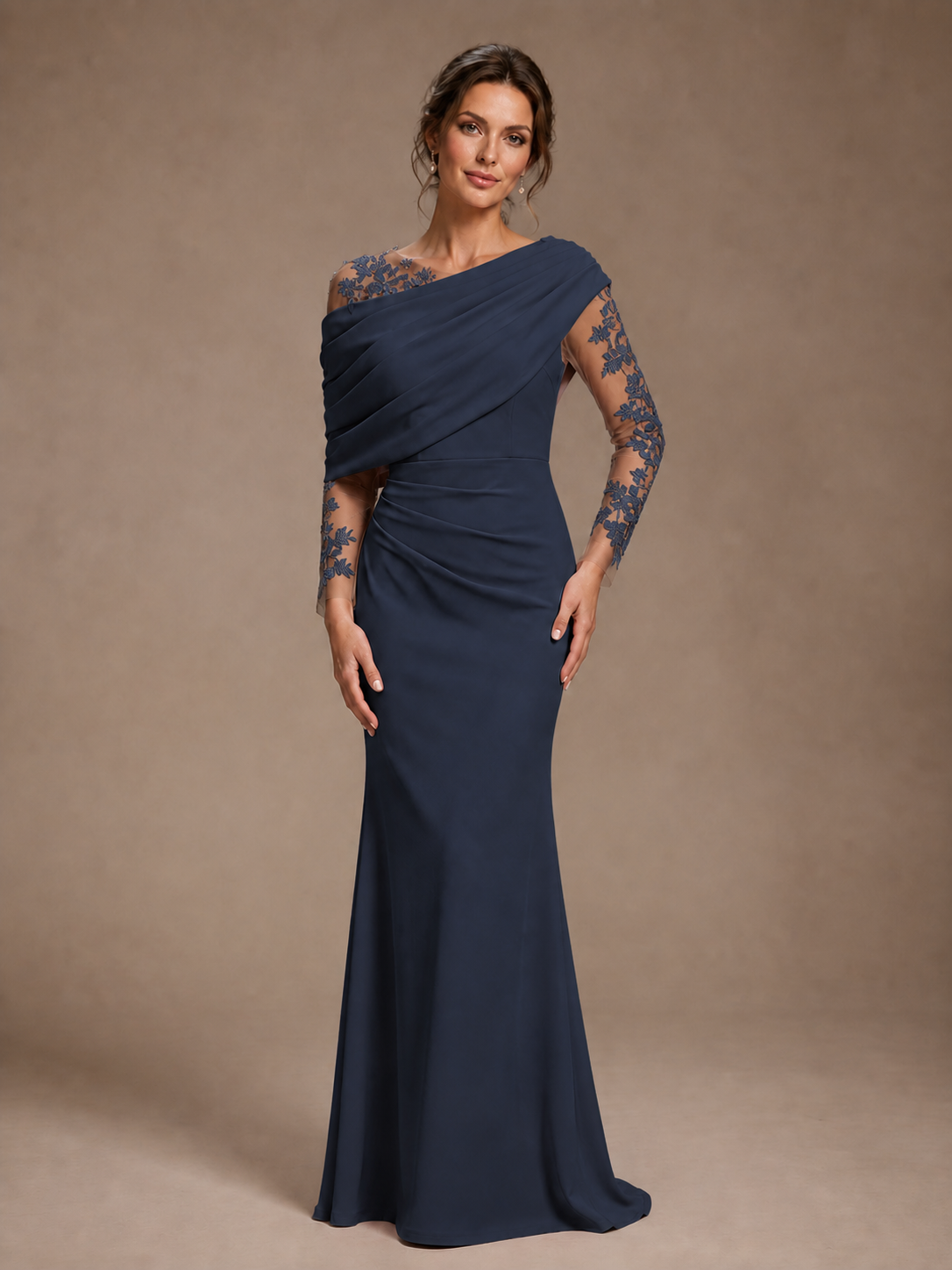 Dusty Rose Illusion Long Sleeve Chiffon Applique Mother of The Bride Dress