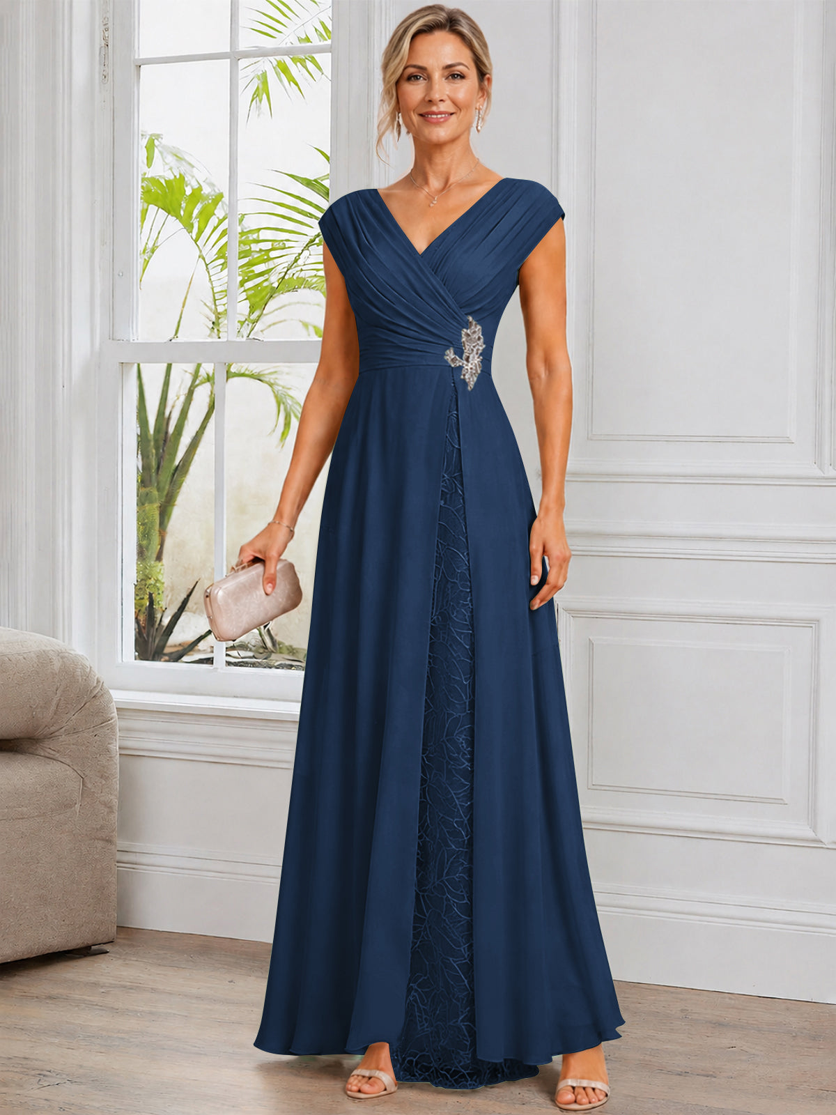 Cap Sleeve Leaf Lace Chiffon Long Mother of The Bride Dress with Beads