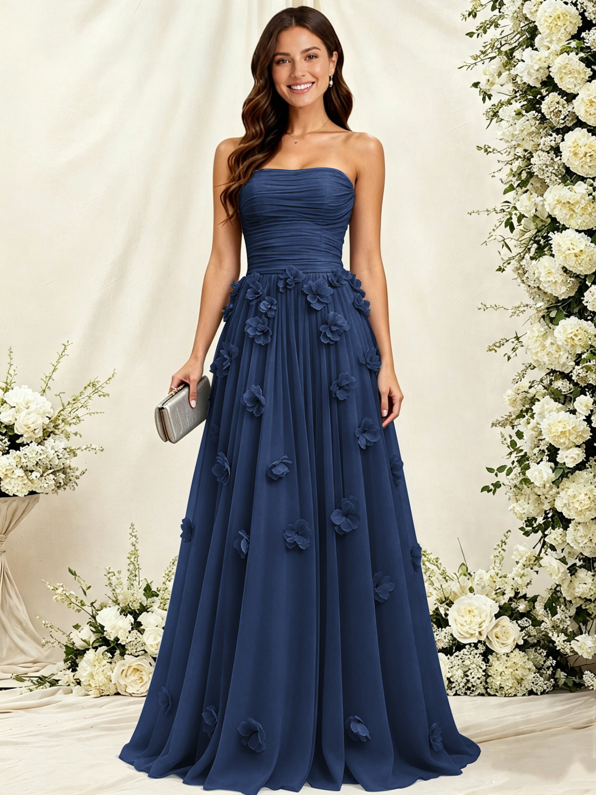 A-Line Strapless Pleated Tulle Bridesmaid Dress with 3D Floral Appliques