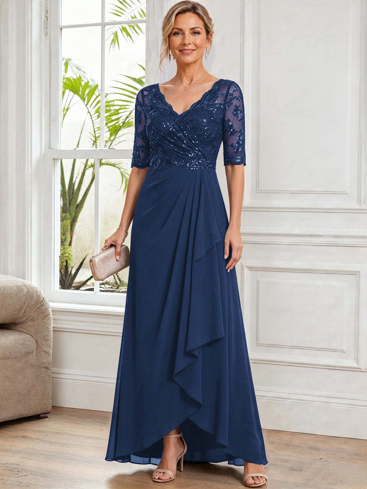 V Neck Half Sleeve Lace Applique Chiffon Mother of The Bride Dress