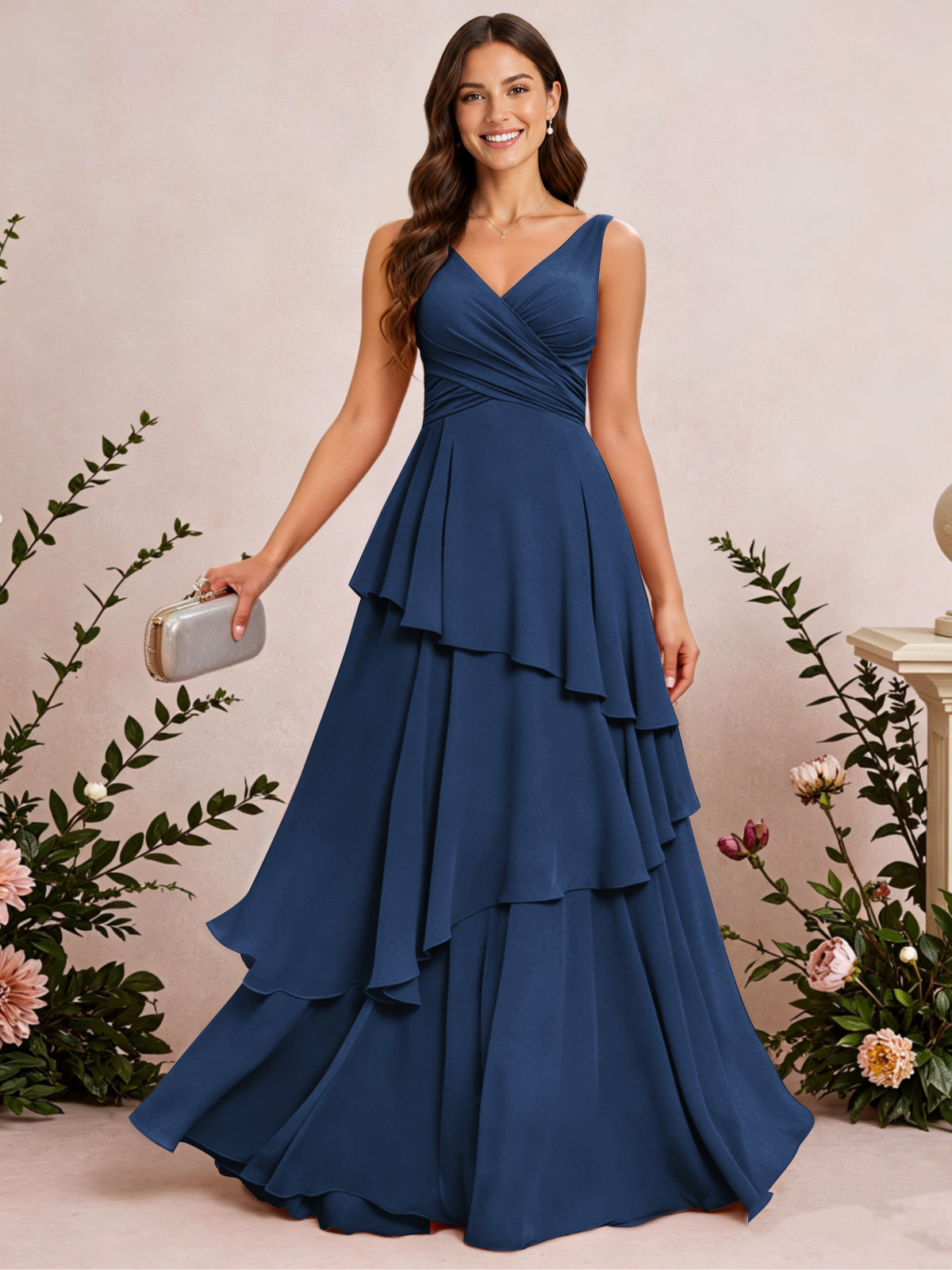 V Neck Tiered Ruffles Chiffon Long Bridesmaid Dress