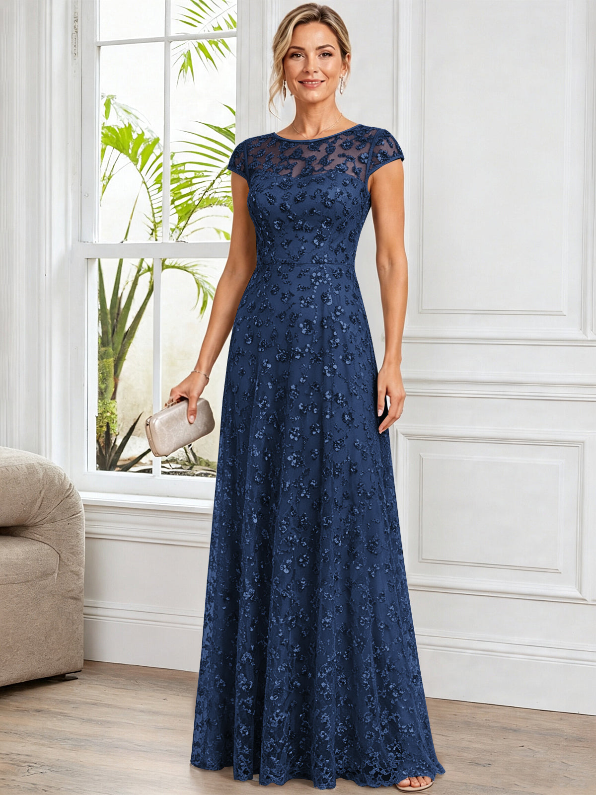 A-Line Illusion Scoop Neck Tulle Mother of The Bride Dress with Beads