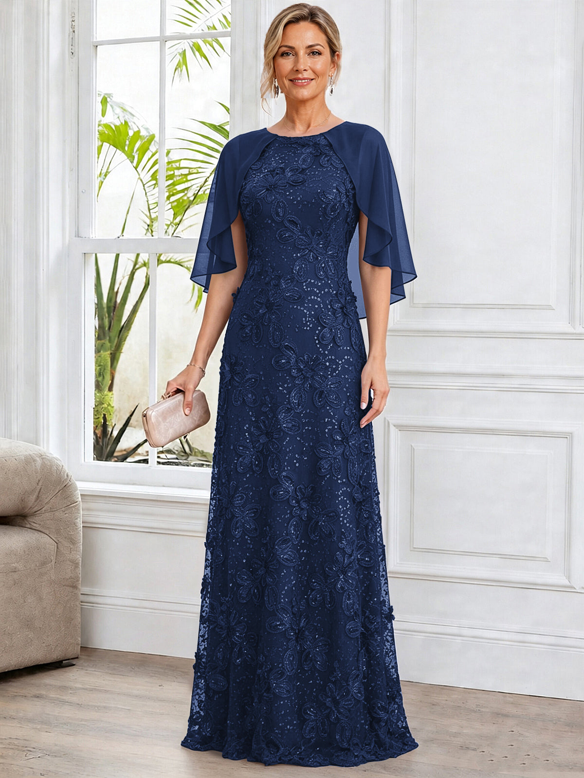 A-Line Lace Applique Scoop Neck Mother of The Bride Dress with Cape