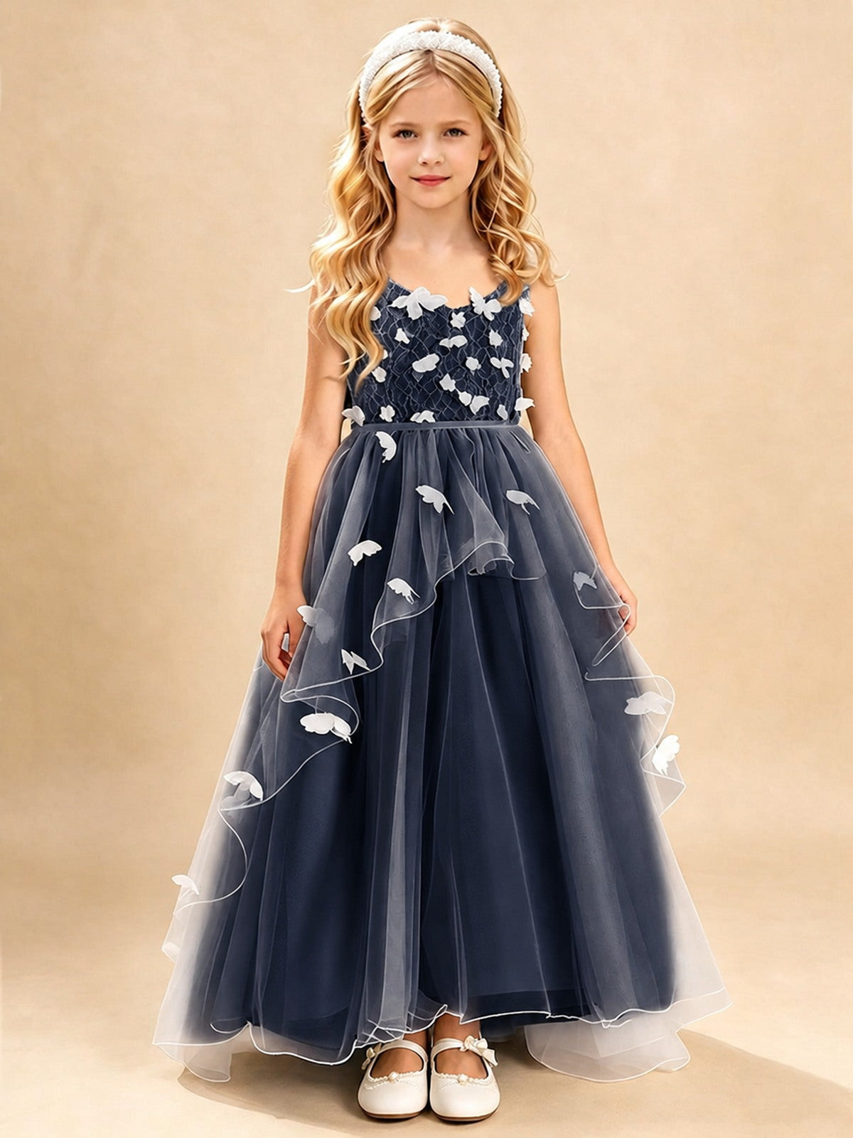 Dusty Sage 3D Floral A-Line Tulle Dress with Lace Trim