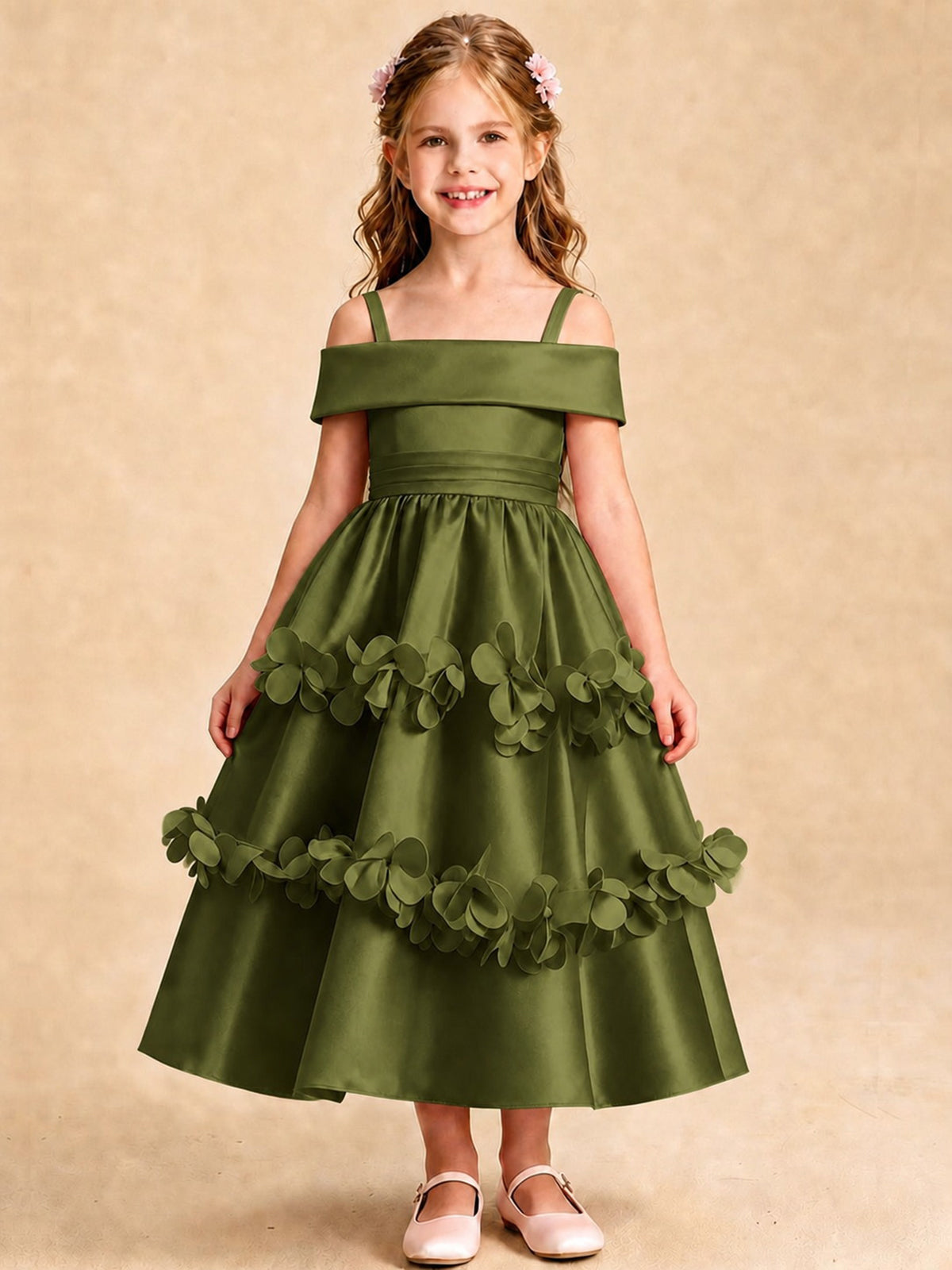 Blush Pink 3D Floral Satin Off Shoulder Flower Girl Dress