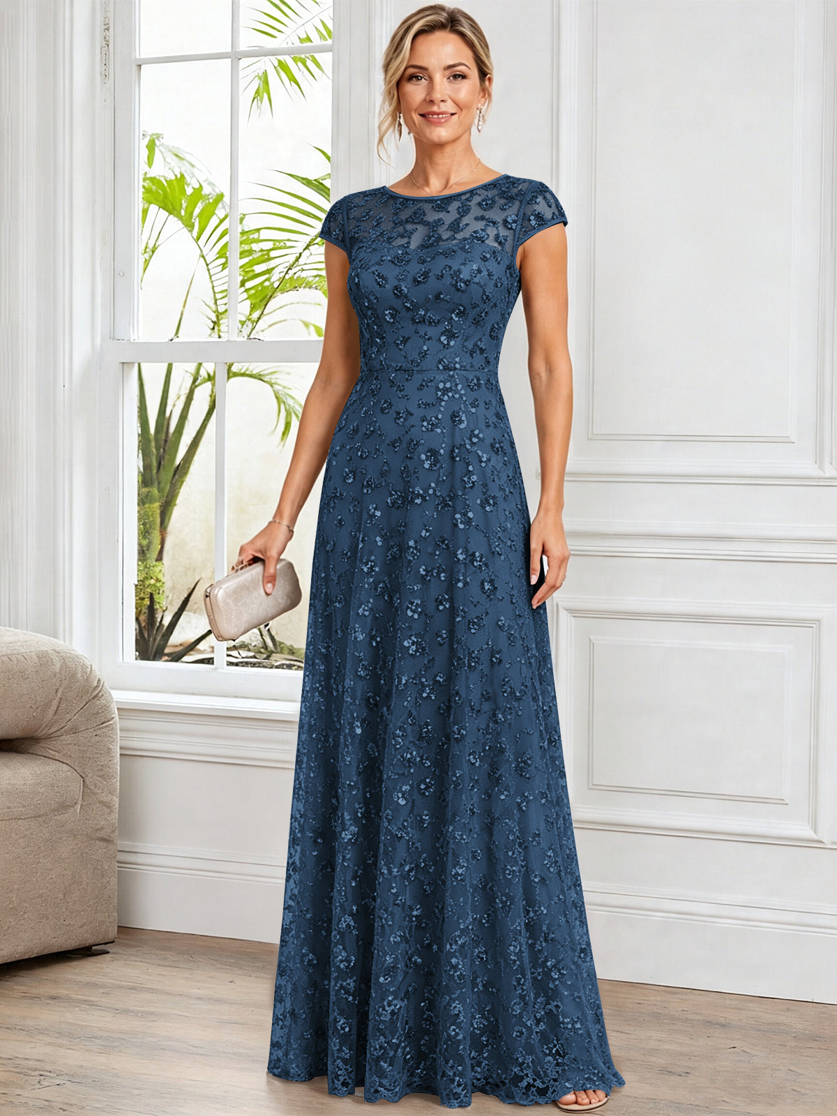 A-Line Illusion Scoop Neck Tulle Mother of The Bride Dress with Beads