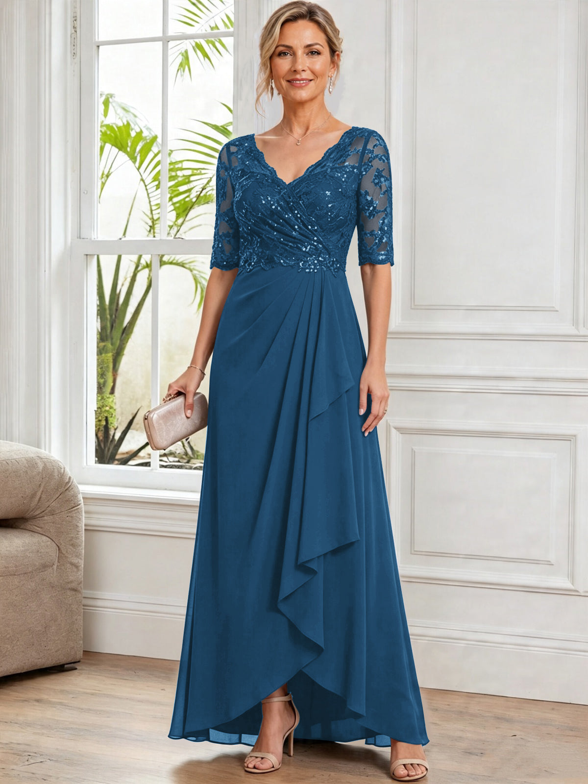 V Neck Half Sleeve Lace Applique Chiffon Mother of The Bride Dress