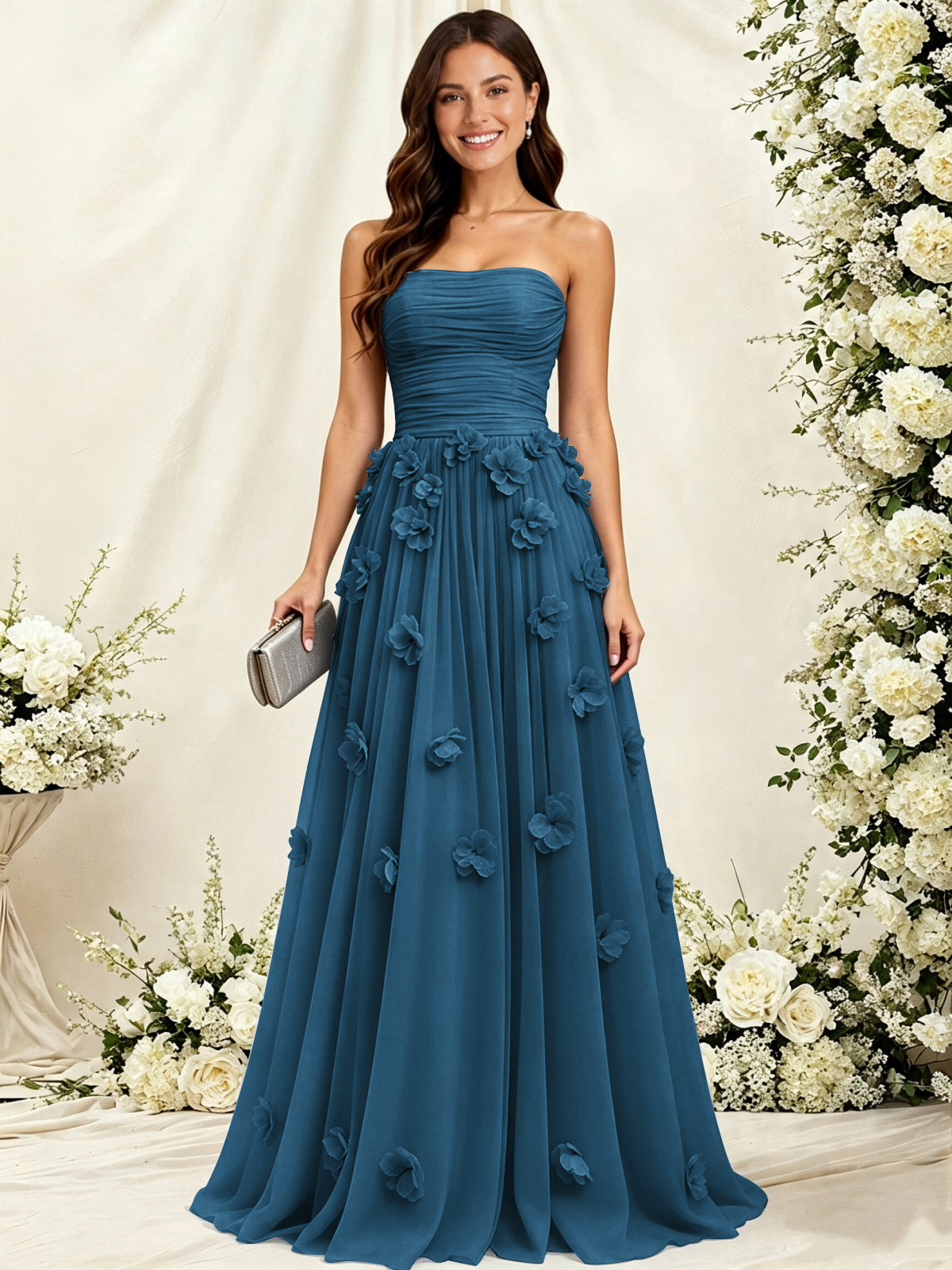 A-Line Strapless Pleated Tulle Bridesmaid Dress with 3D Floral Appliques