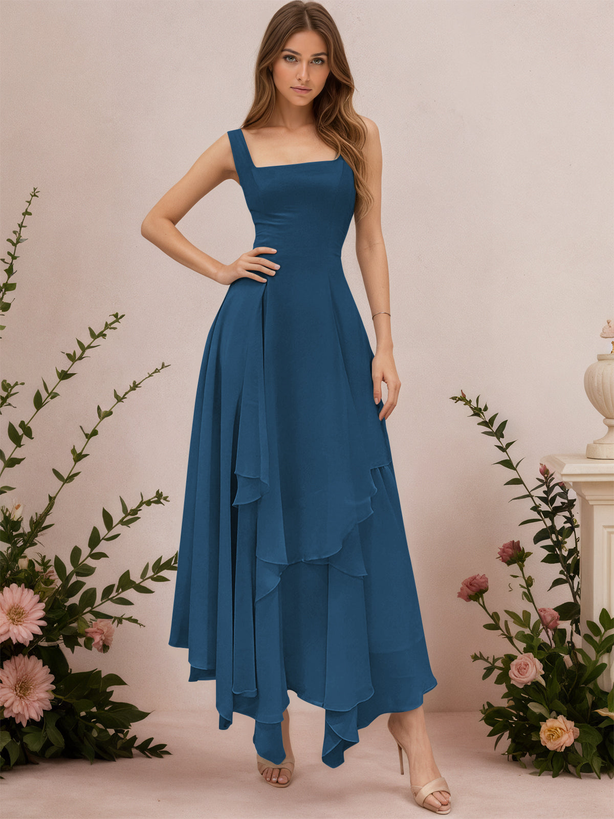 A-Line Tiered Ruffles Chiffon Bridesmaid Dress