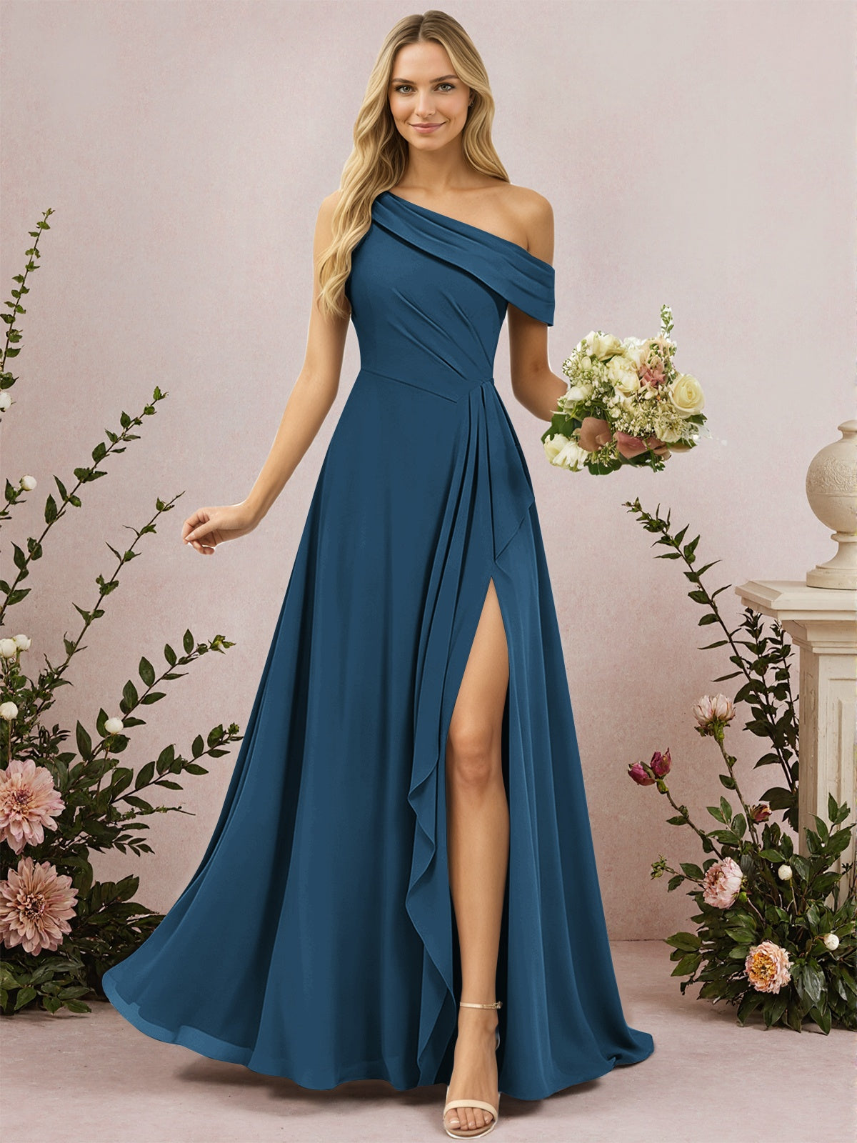 One Shoulder A-Line Chiffon Bridesmaid Dress with Slit