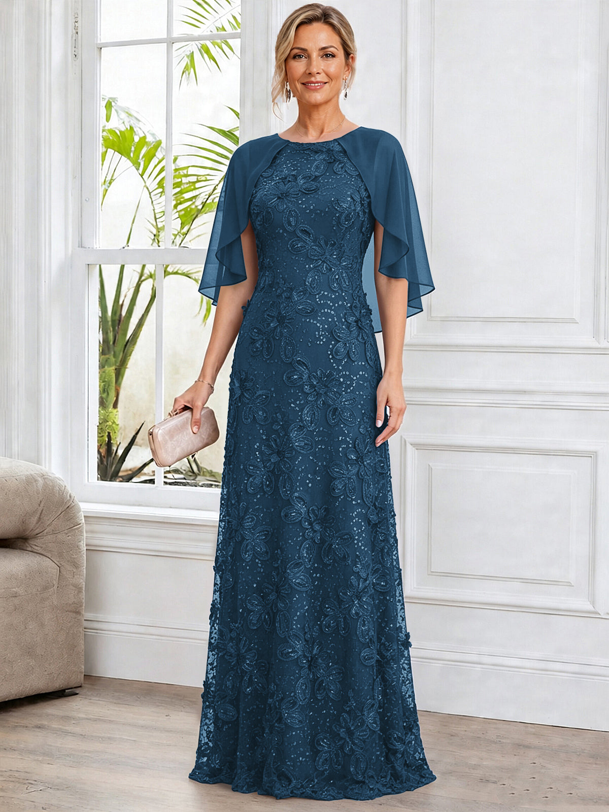 A-Line Lace Applique Scoop Neck Mother of The Bride Dress with Cape