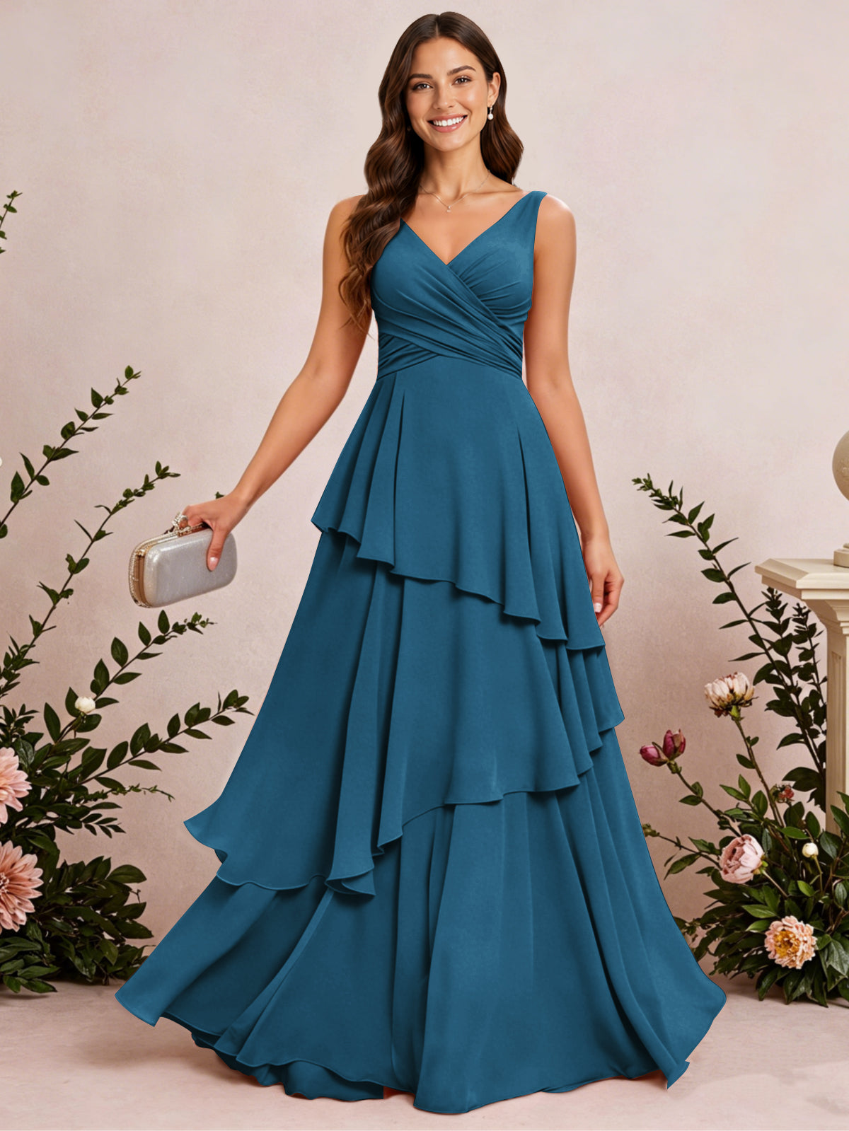 V Neck Tiered Ruffles Chiffon Long Bridesmaid Dress