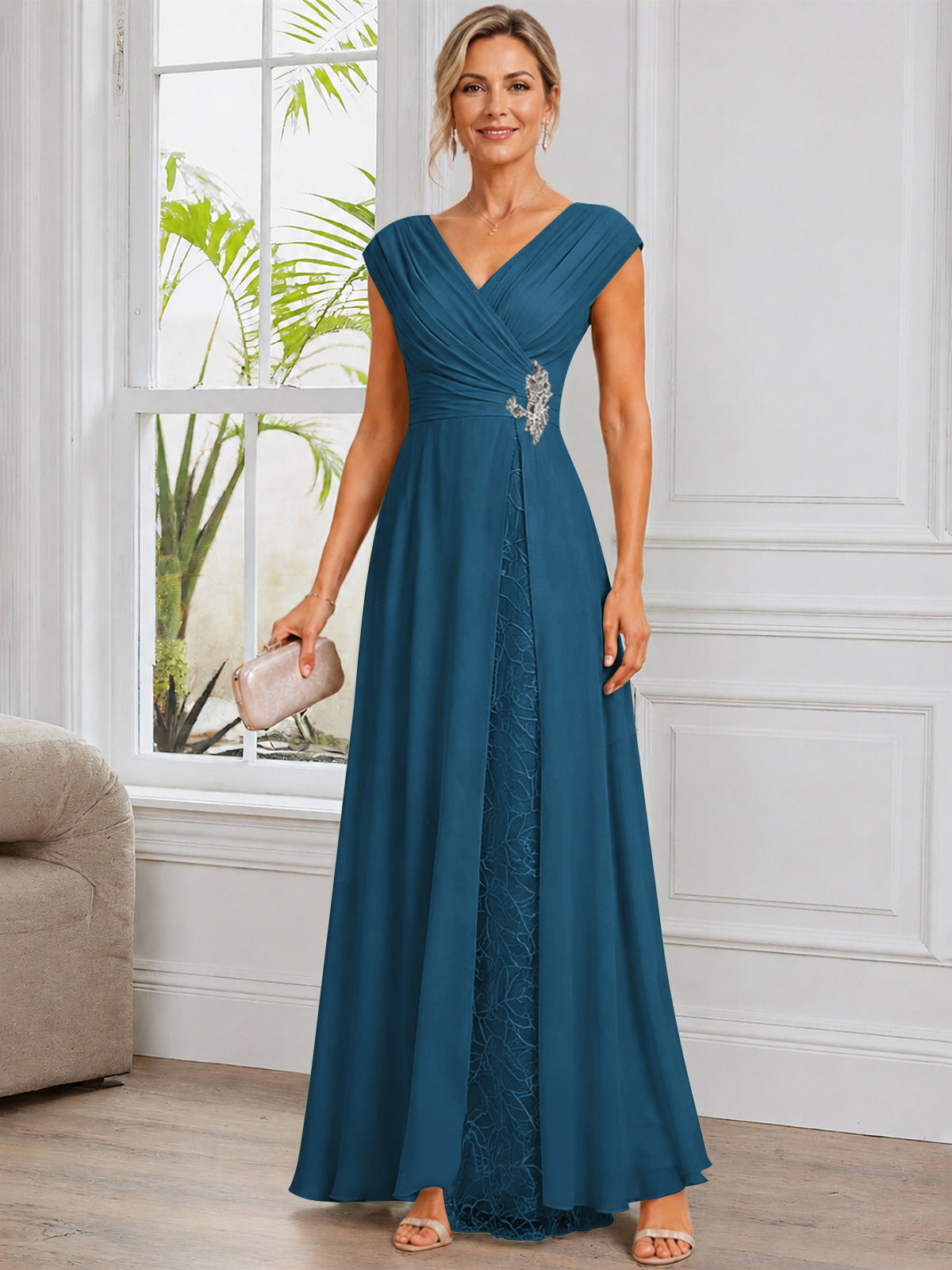 Cap Sleeve Leaf Lace Chiffon Long Mother of The Bride Dress with Beads