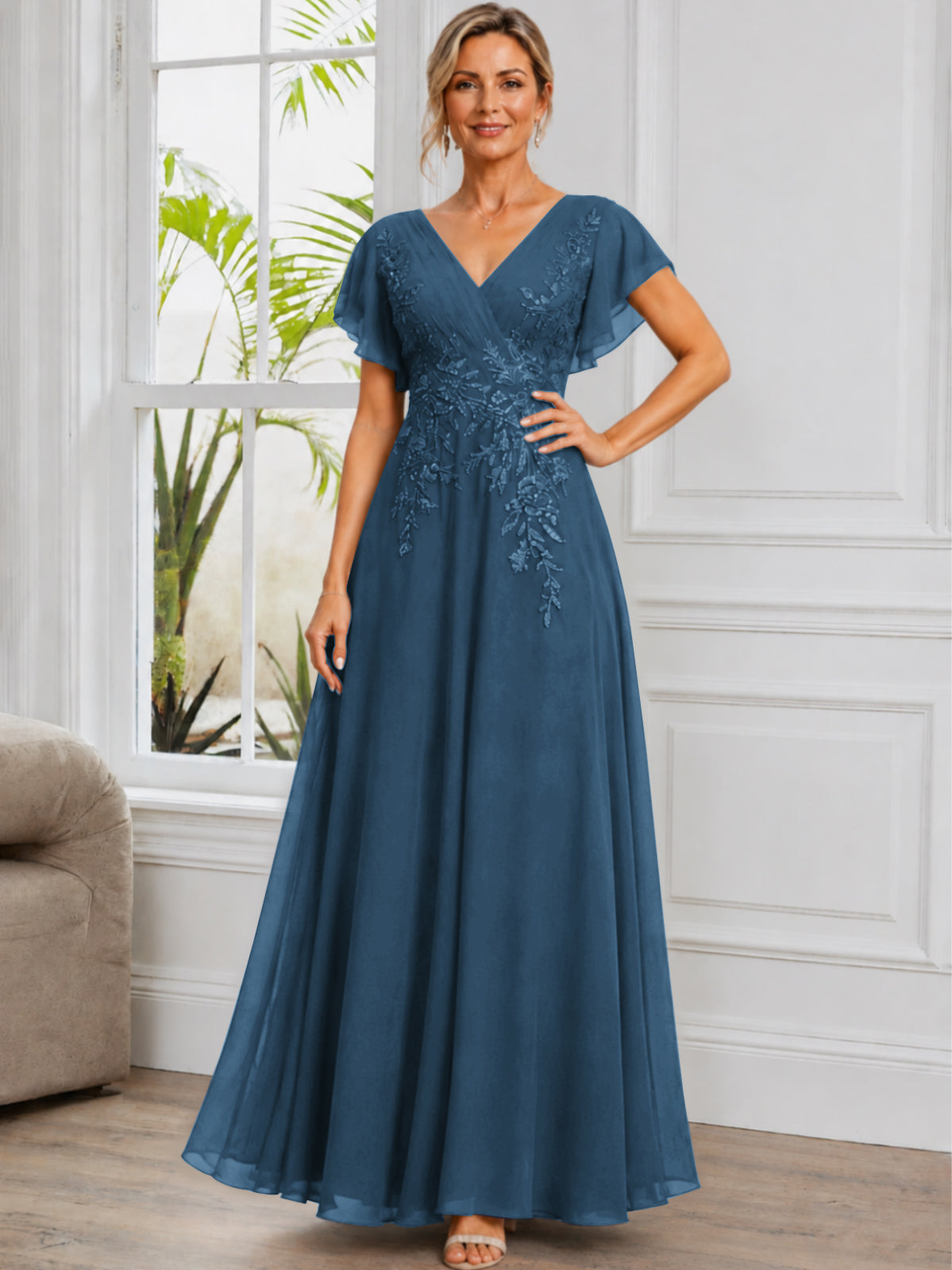 V-Neck Lace Applique Chiffon Long Mother of The Bride Dress